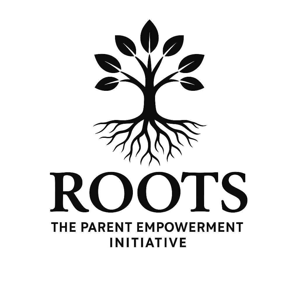 A black and white logo for 'Roots: The Parent Empowerment Initiative' featuring a tree with leaves and visible roots.
