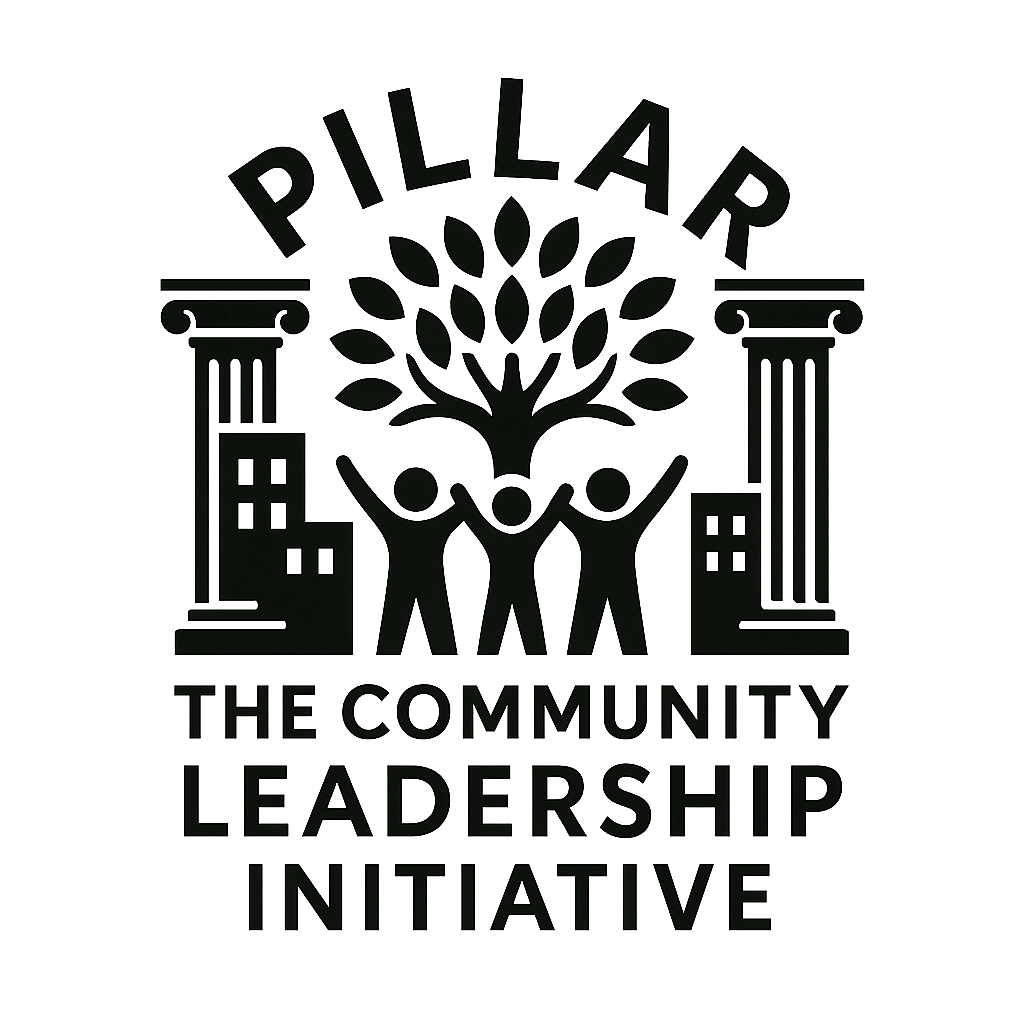 Logo for Pillar, The Community Leadership Initiative, featuring three figures holding up a tree between two columns, with buildings on either side.