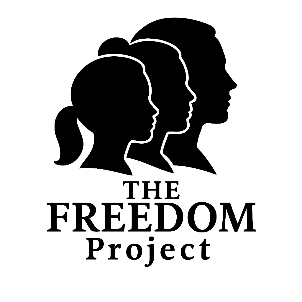 Silhouettes of a woman, a child, and a man facing right with text "The Freedom Project" beneath.