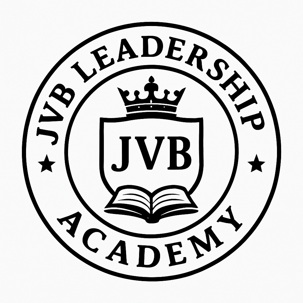 Black and white logo with the words "JVB Leadership Academy" encircling a shield that has a crown, the letters "JVB," and an open book.