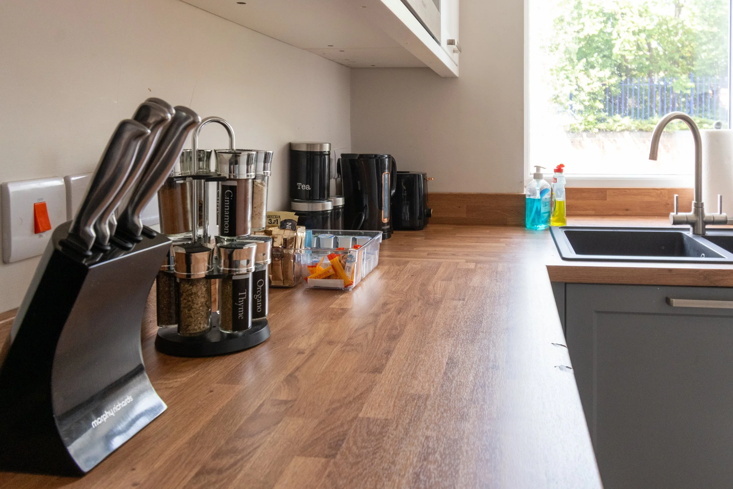 Kitchen countertop with knives, spice jars labeled Cinnamon and Thyme, a tea container, a coffee maker, and cleaning supplies near the sink, with a window showing greenery outside.