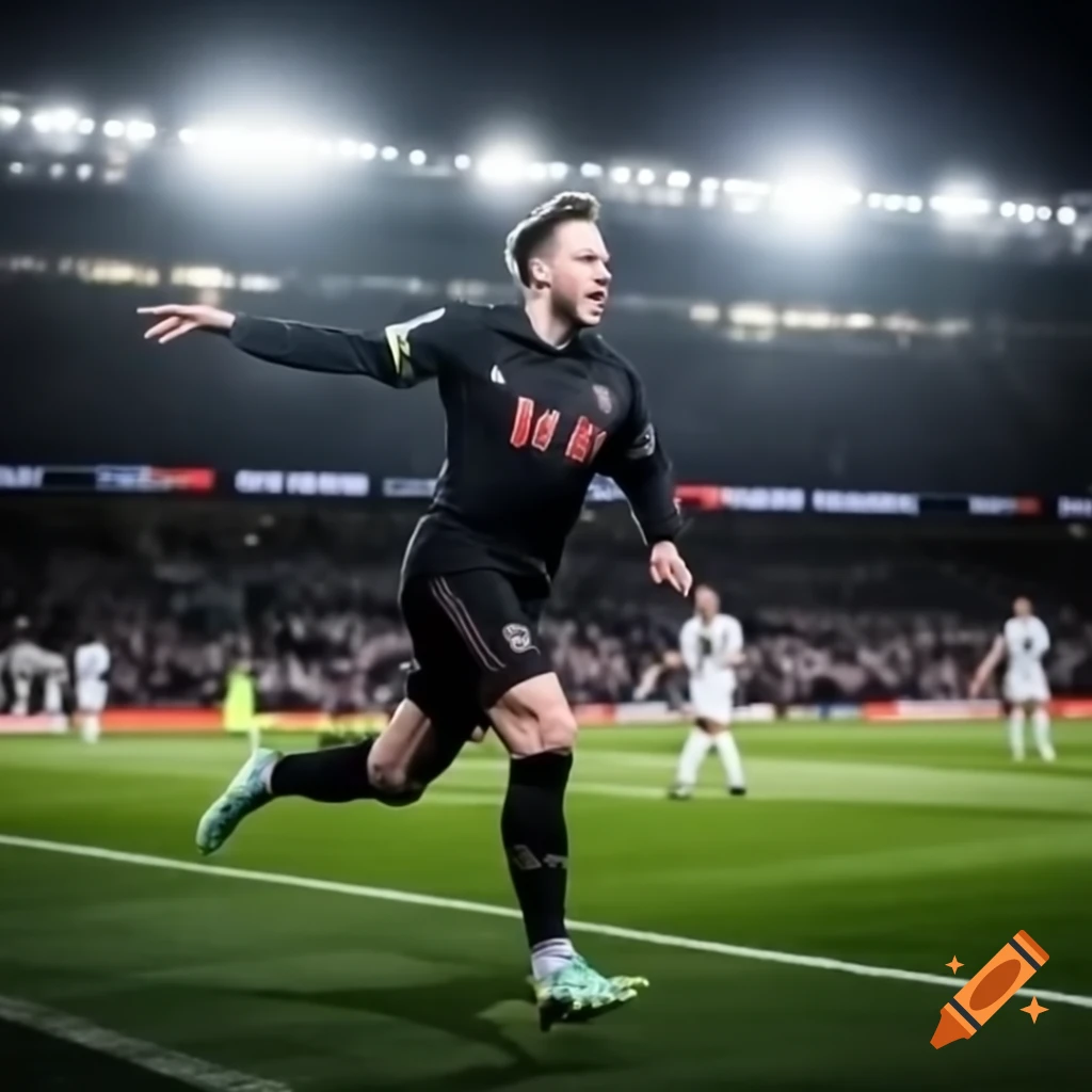 Soccer player in black uniform celebrating on field at stadium