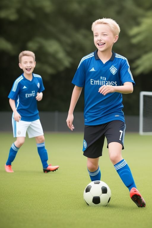 Two young boys in blue soccer uniforms playing soccer on a field, with one dribbling a black and white ball.