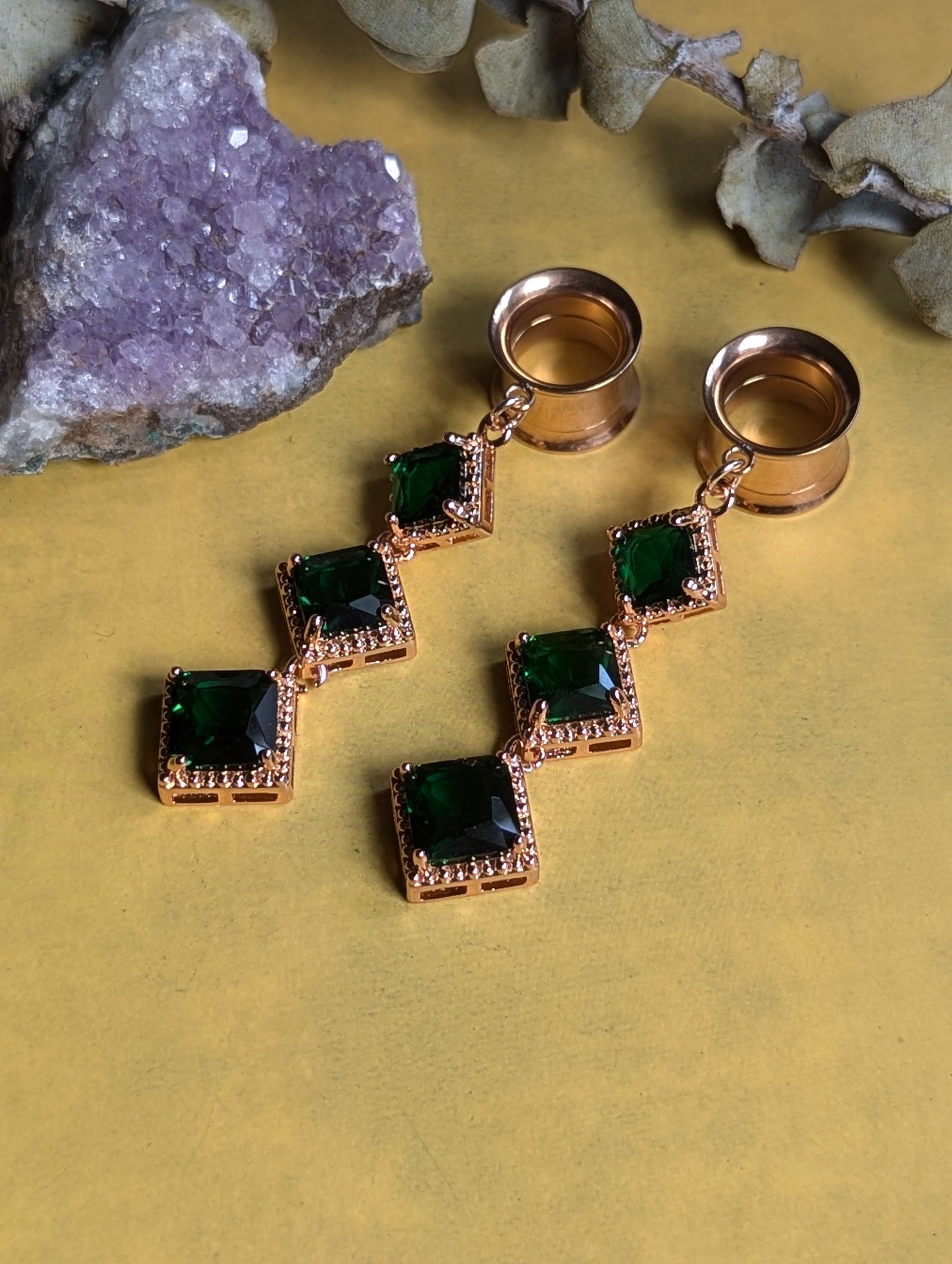Rose Gold Emerald dangle gauges
