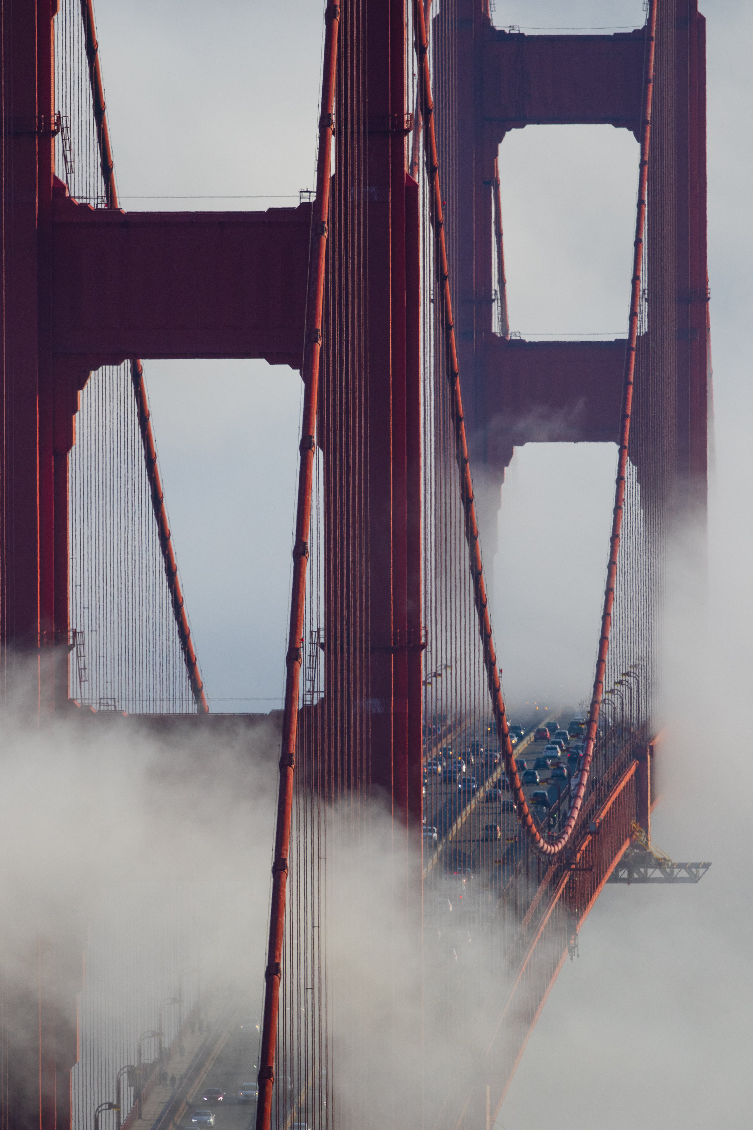 The Golden Gate Bridge floats in the fog.
