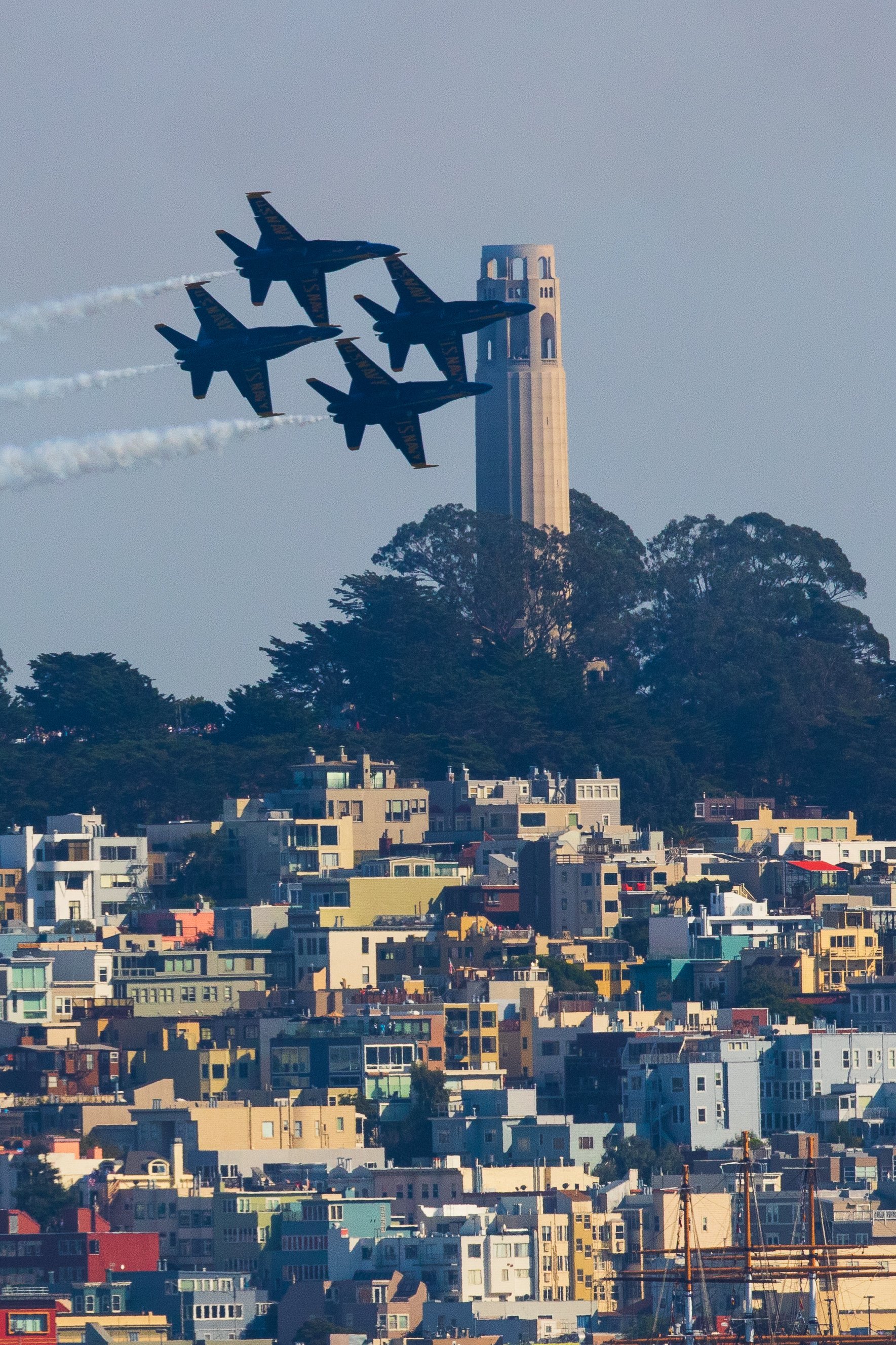 The Blue Angels make a pass in front of Coit Tower.