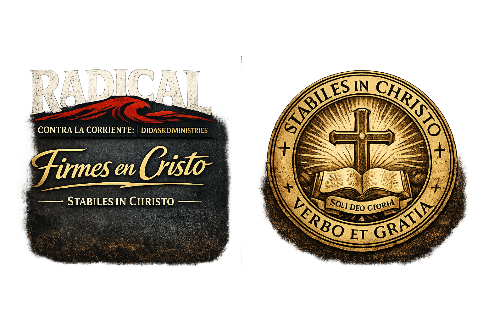 A religious seal with a cross, an open Bible, and a Latin phrase, alongside a book cover titled 'Radical' with text promoting Christ-centered stability against current issues.