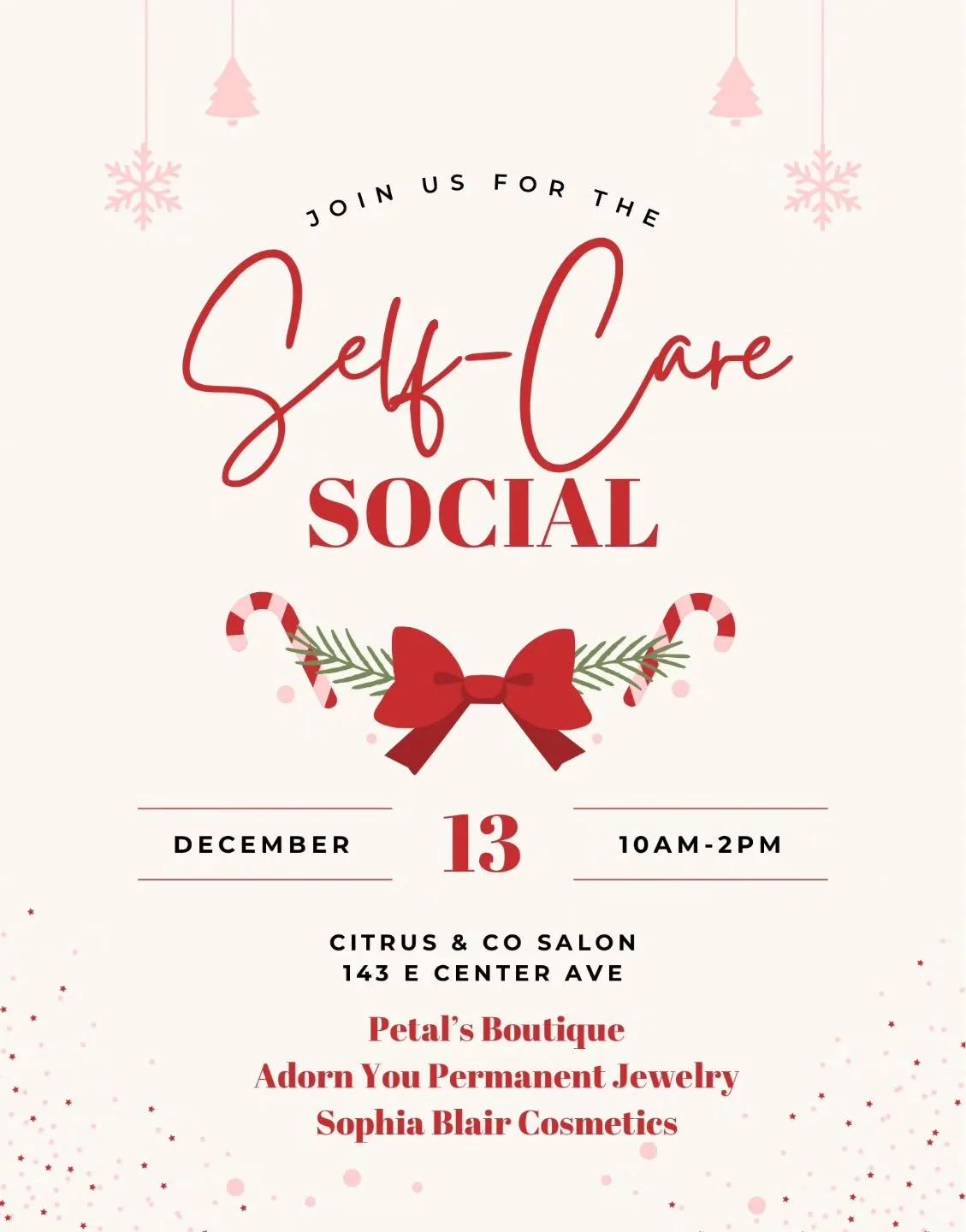 Come join us for some self care 💆&zwj;♀️ We are so excited to celebrate the holiday season with all of you!

There will be shopping, giveaways, jewelry, and much more. 

I will be offering complimentary LED light therapy hand treatments, facial spec