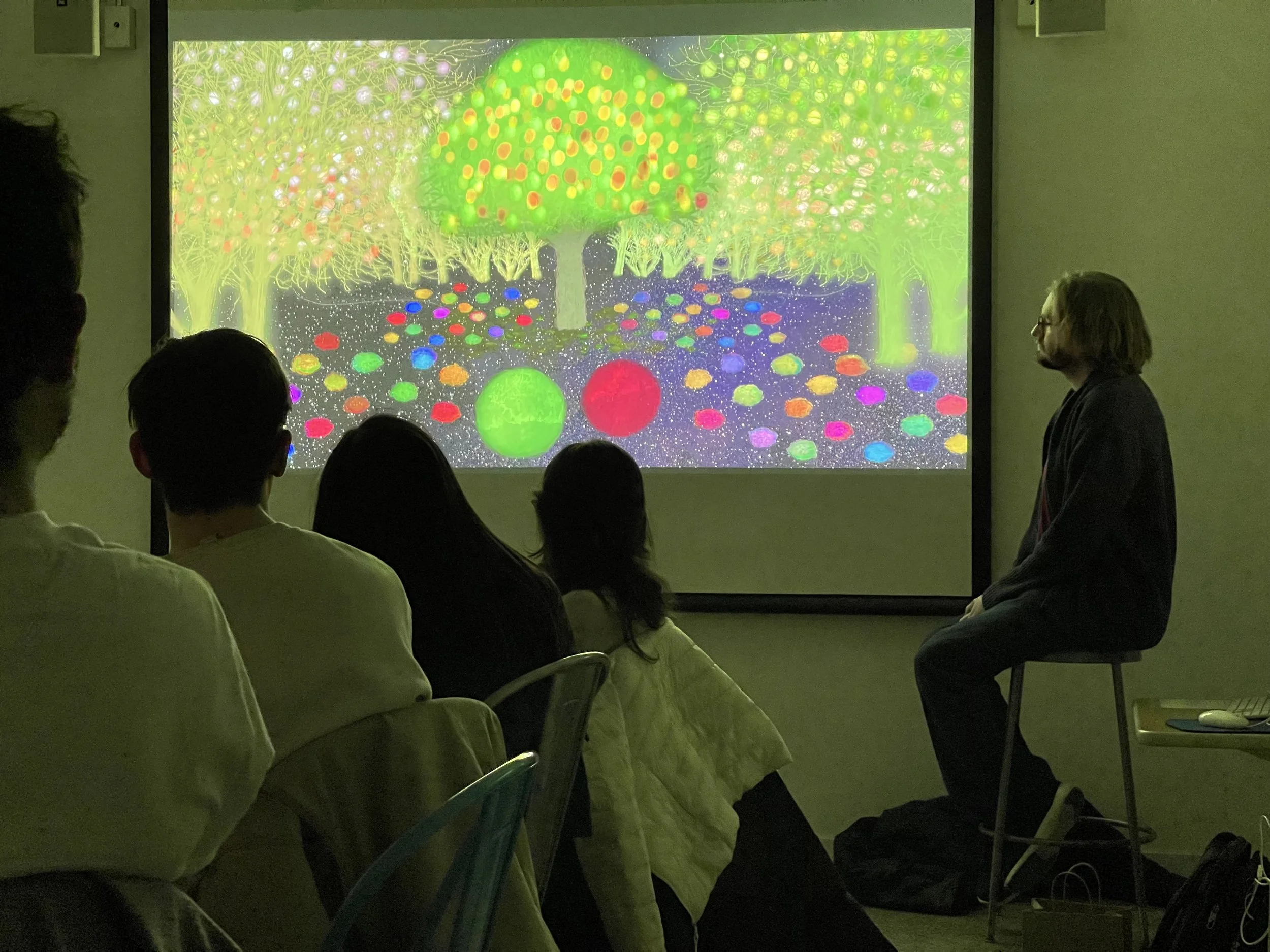 A group of students in a classroom watching a colorful, digital animation display of a vibrant, glowing forest scene projected on a screen, from Evan Bode's "A Spot for Frog."