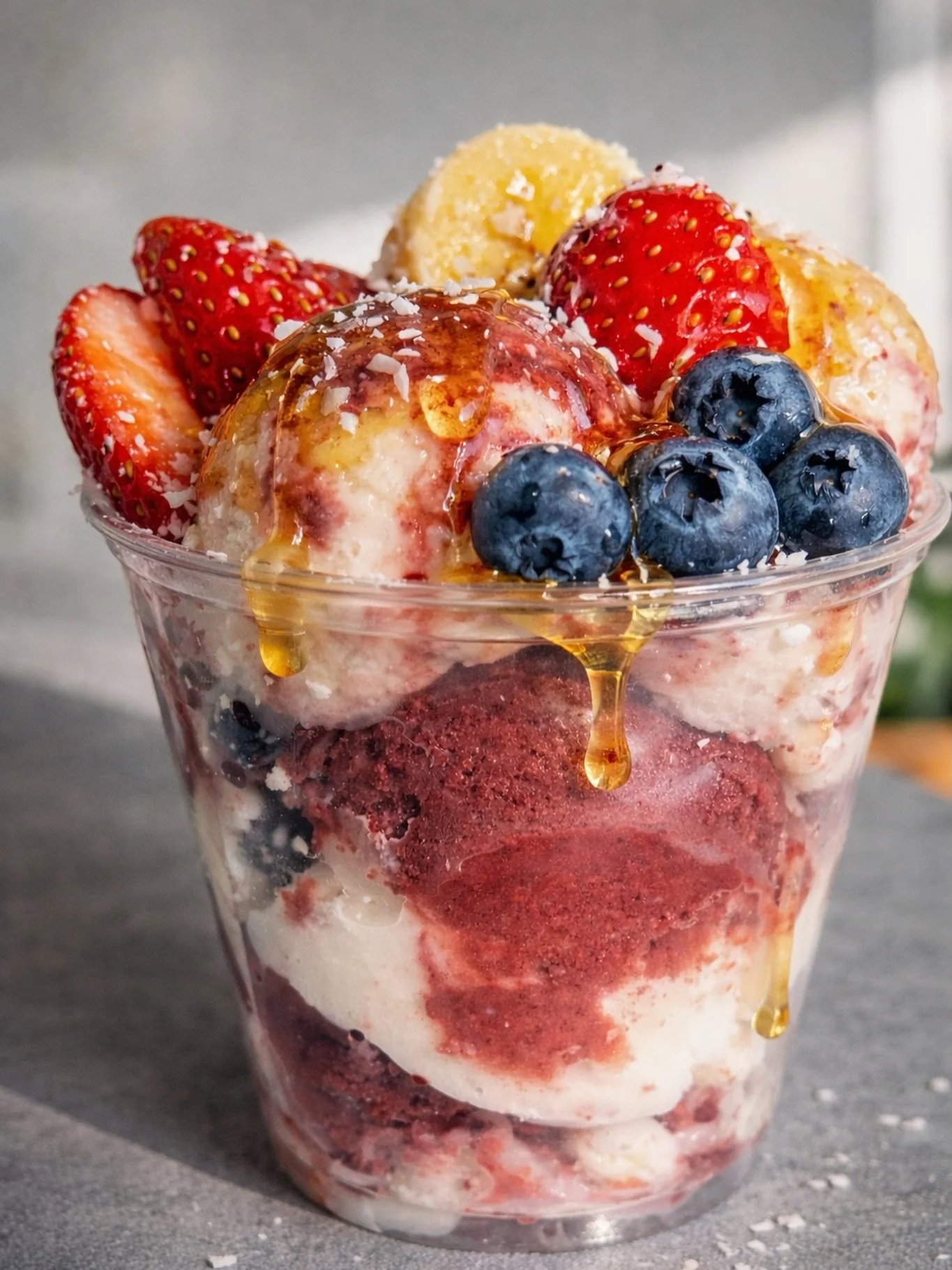 Acai with half coconut base, topped with fresh fruit, home made granola, and a touch of honey 🍯 

Have you tried this one yet? 

#acailovers #coffeeshop #acaibowl #sweettreat