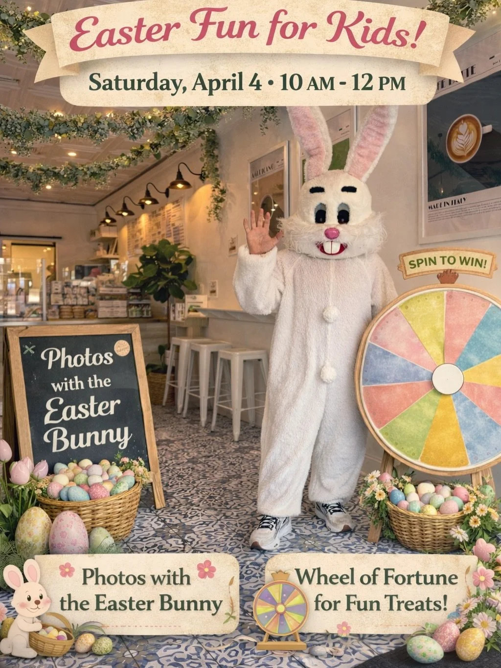Join us Saturday, April 4 from 10&ndash;12 for a morning your kids will LOVE 💛

🐰 Photos with the Easter Bunny
🎡 Spin the wheel for fun treats
☕ Coffee for you, fun for them

Bring your friends, bring your kids &mdash; and come celebrate with us ✨