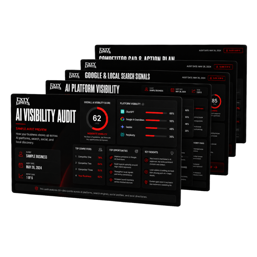Overlay of multiple digital reports on AI visibility audit, SEO, and search signals, with red and black theme, showing scores and data points.