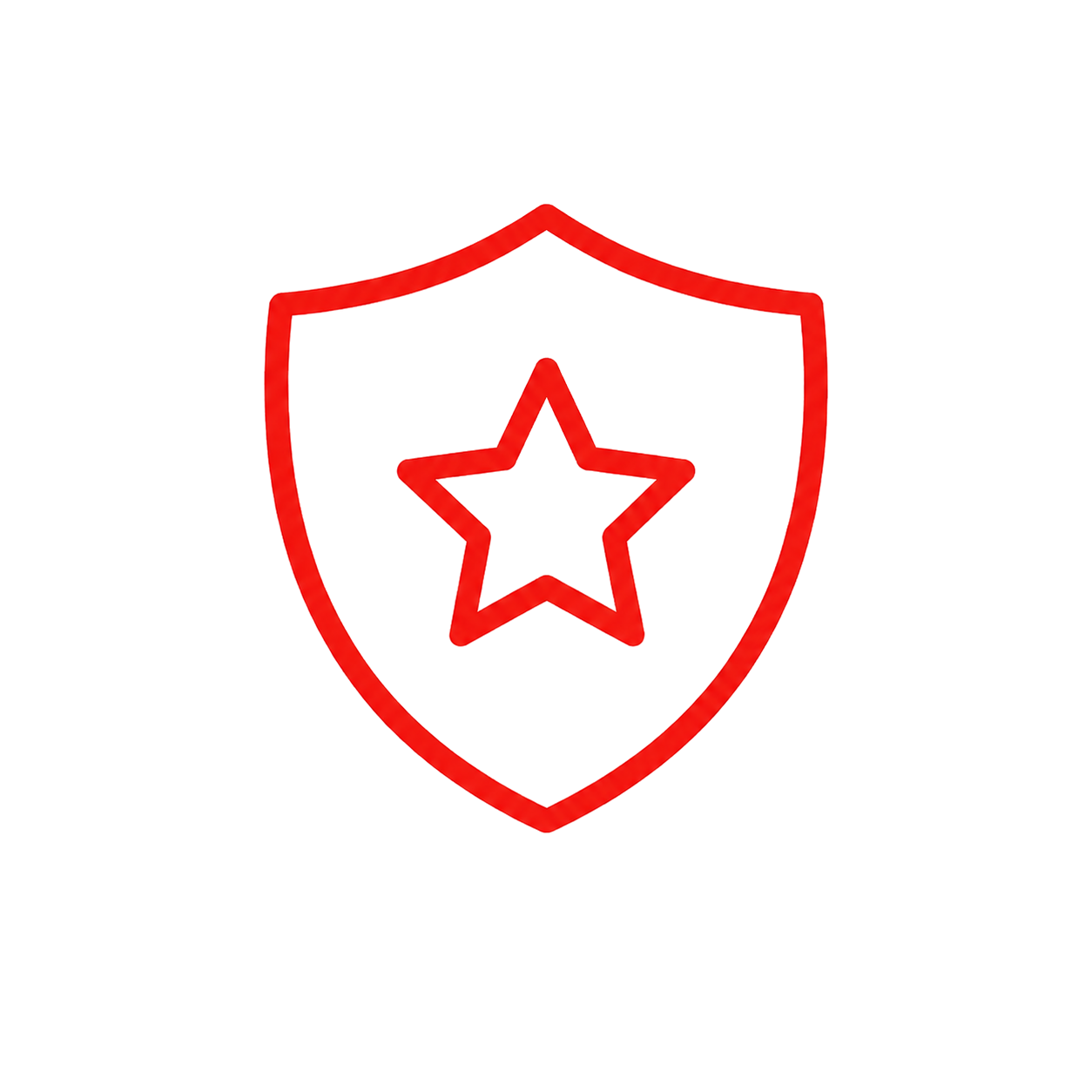 Neon sign of a shield with a star in the center, combining red and purple colors on a black background.