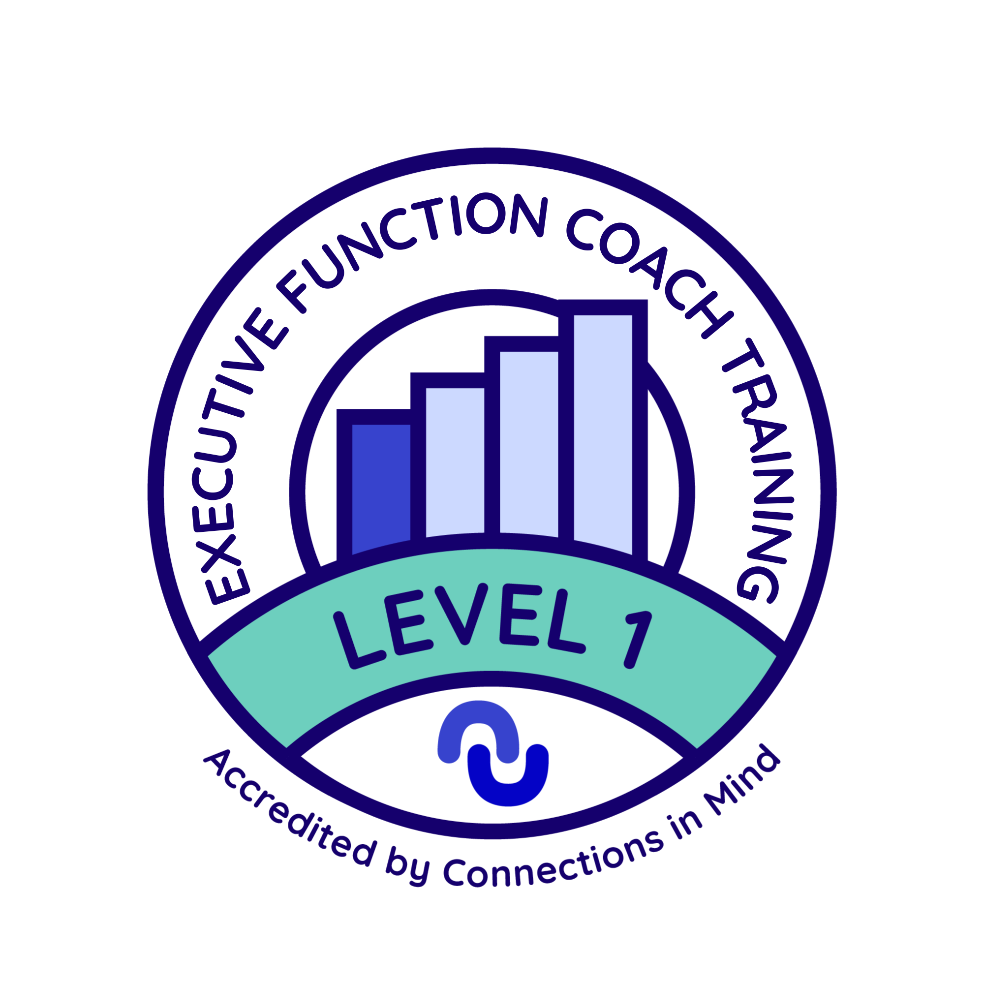 A badge with a bar graph and a cycle symbol, indicating Level 1 of an Executive Function Coach Training program.