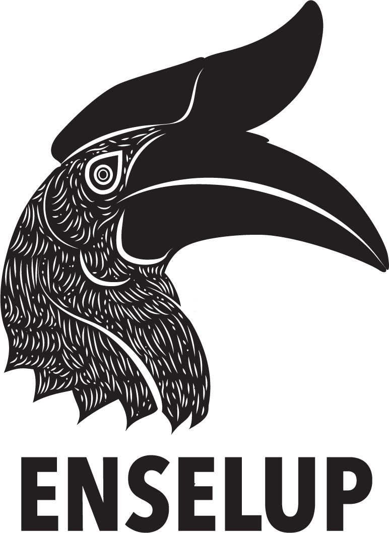Black and white illustration of a hornbill's head with a comb and beak, with the word 'ENSELUP' below.