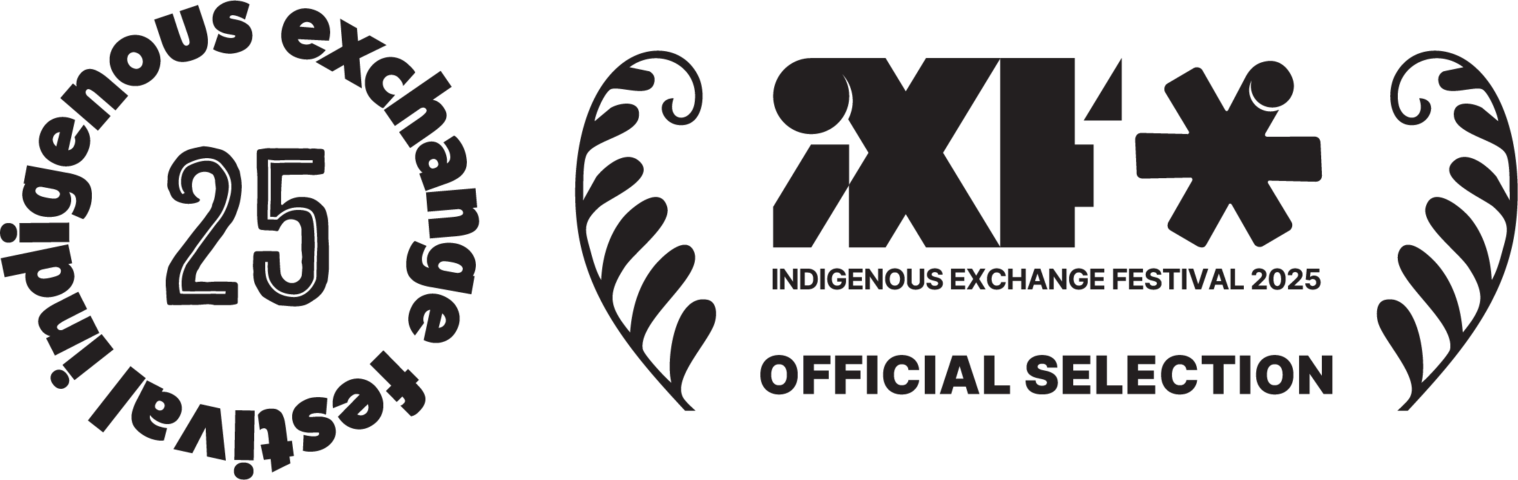 A dark graphic design featuring text that reads 'Indigenous Exchange Festival 2025' and 'Official Selection', with a circular shape made of Indigenous motifs and a large number 25.