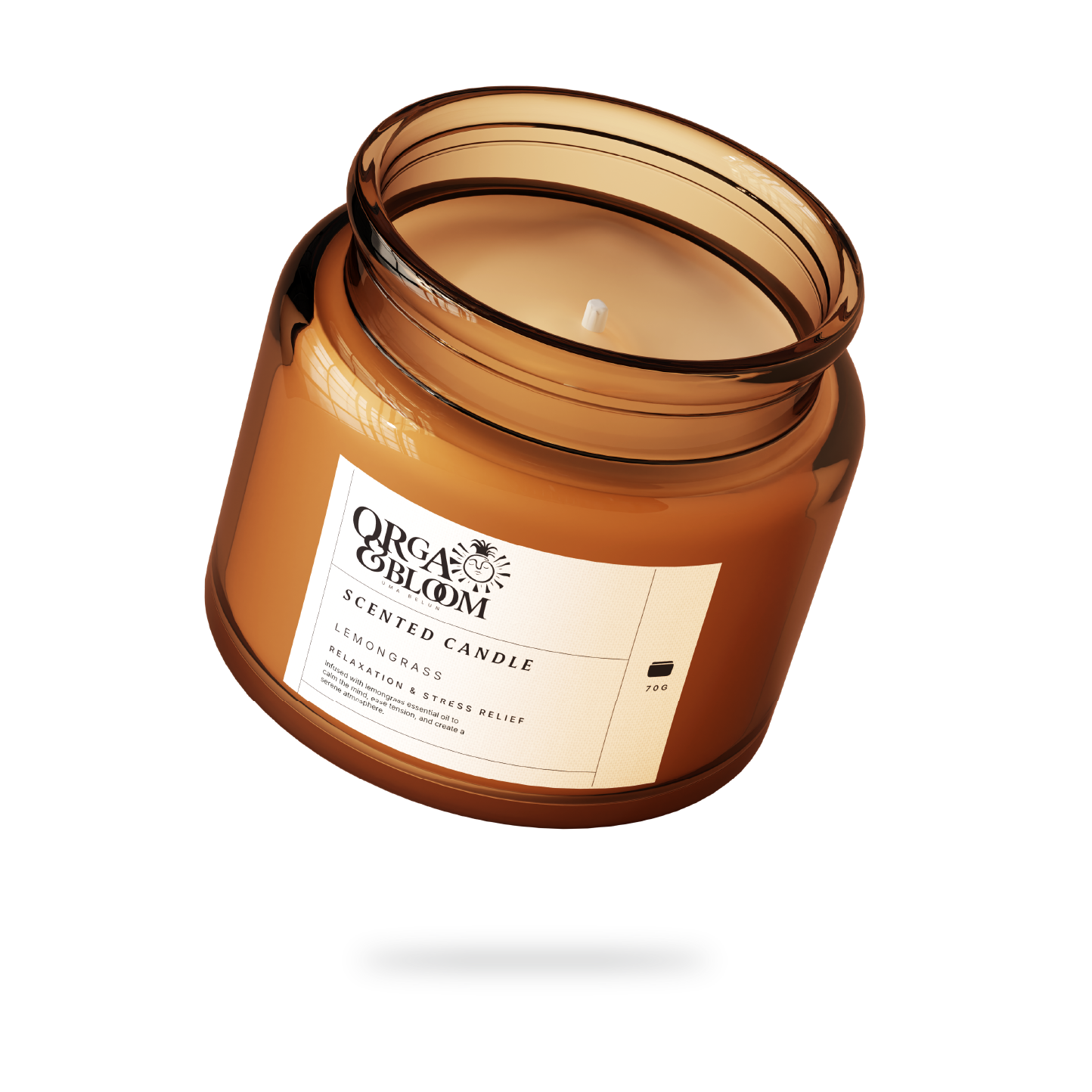 A scented candle in a brown glass jar labeled 'Organic Bloom' with a lemon grass scent. The candle is unlit, and the wick is visible.