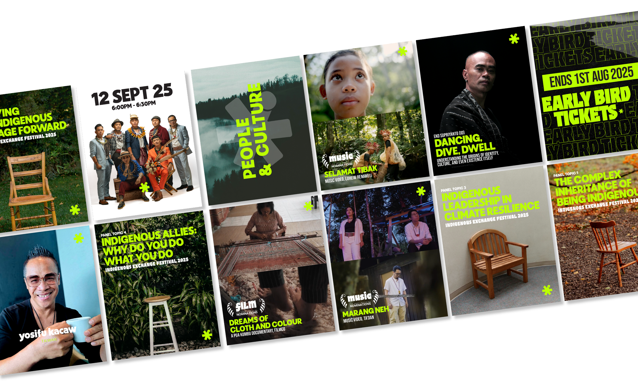 A digital calendar showing events and themes related to indigenous culture and climate resilience, including panels, music videos, and early bird ticket promotions for the Indigenous Exchange Festival 2025.