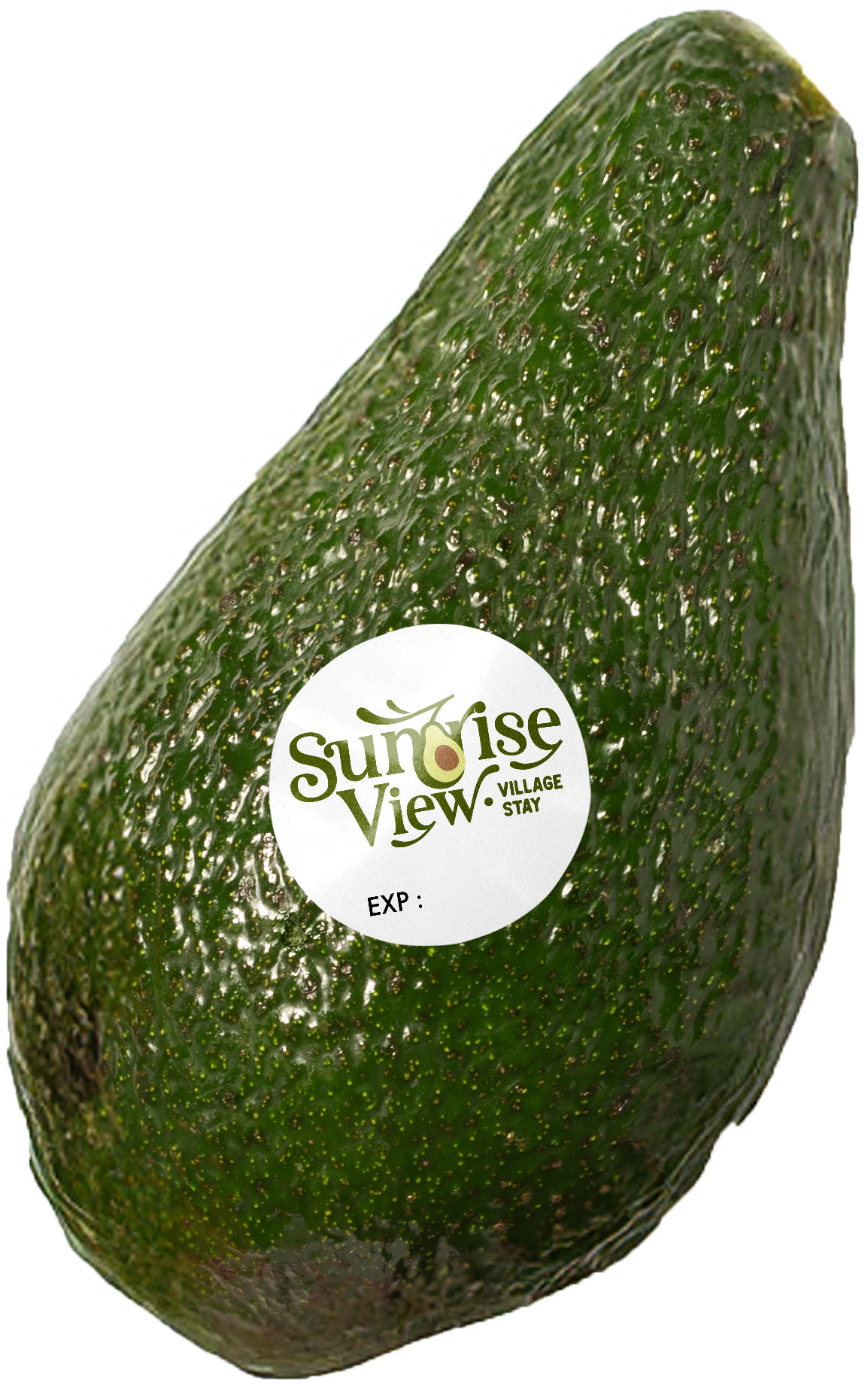 A fresh Hass avocado with a sticker that says "Sunrise View Village Stay"