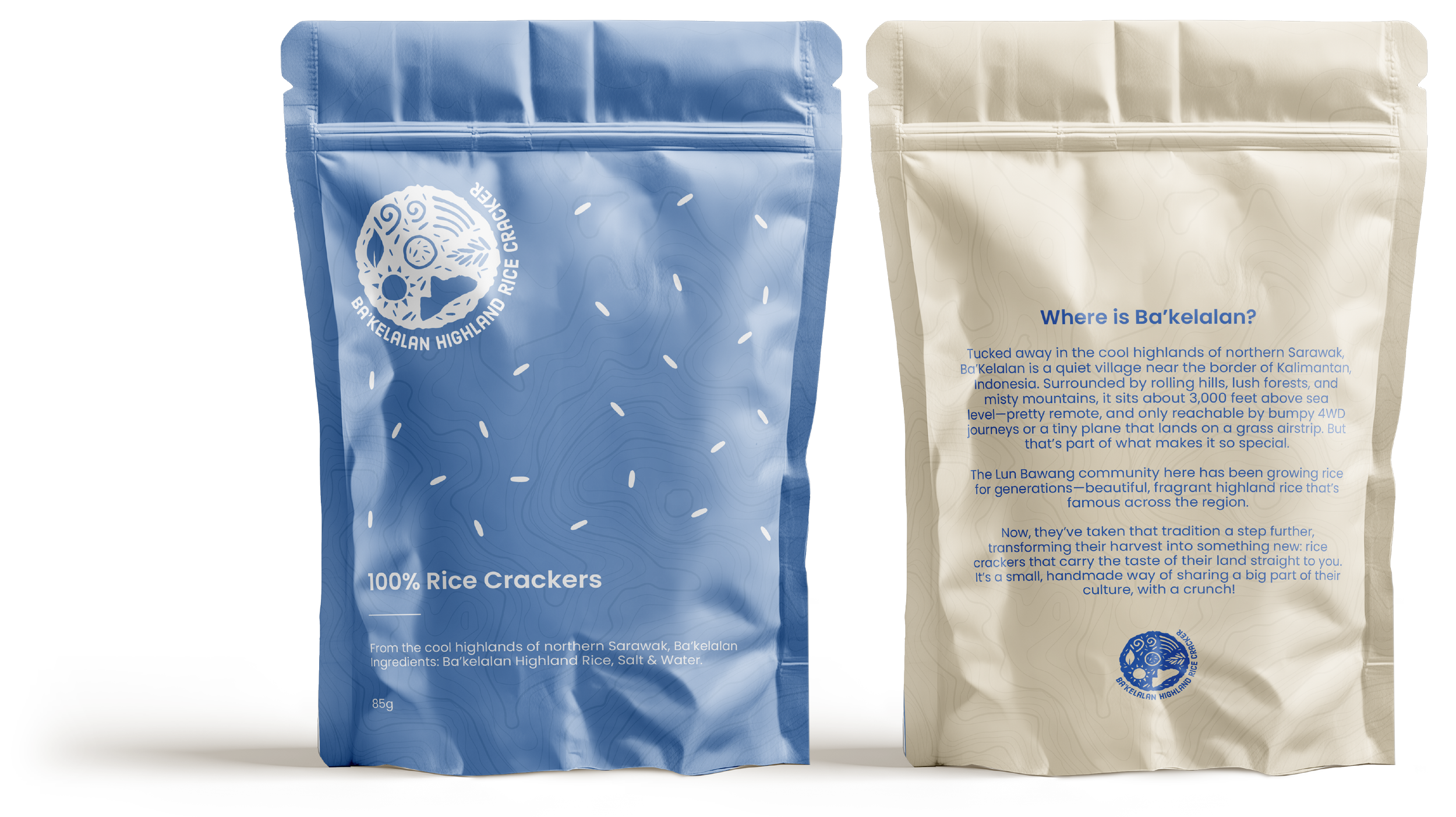 Blue and beige resealable snack bags with text and a logo for Ba'kelalan Highland Rice Crackers, featuring product description and background information about Ba'kelalan in northern Sarawak, Malaysia.