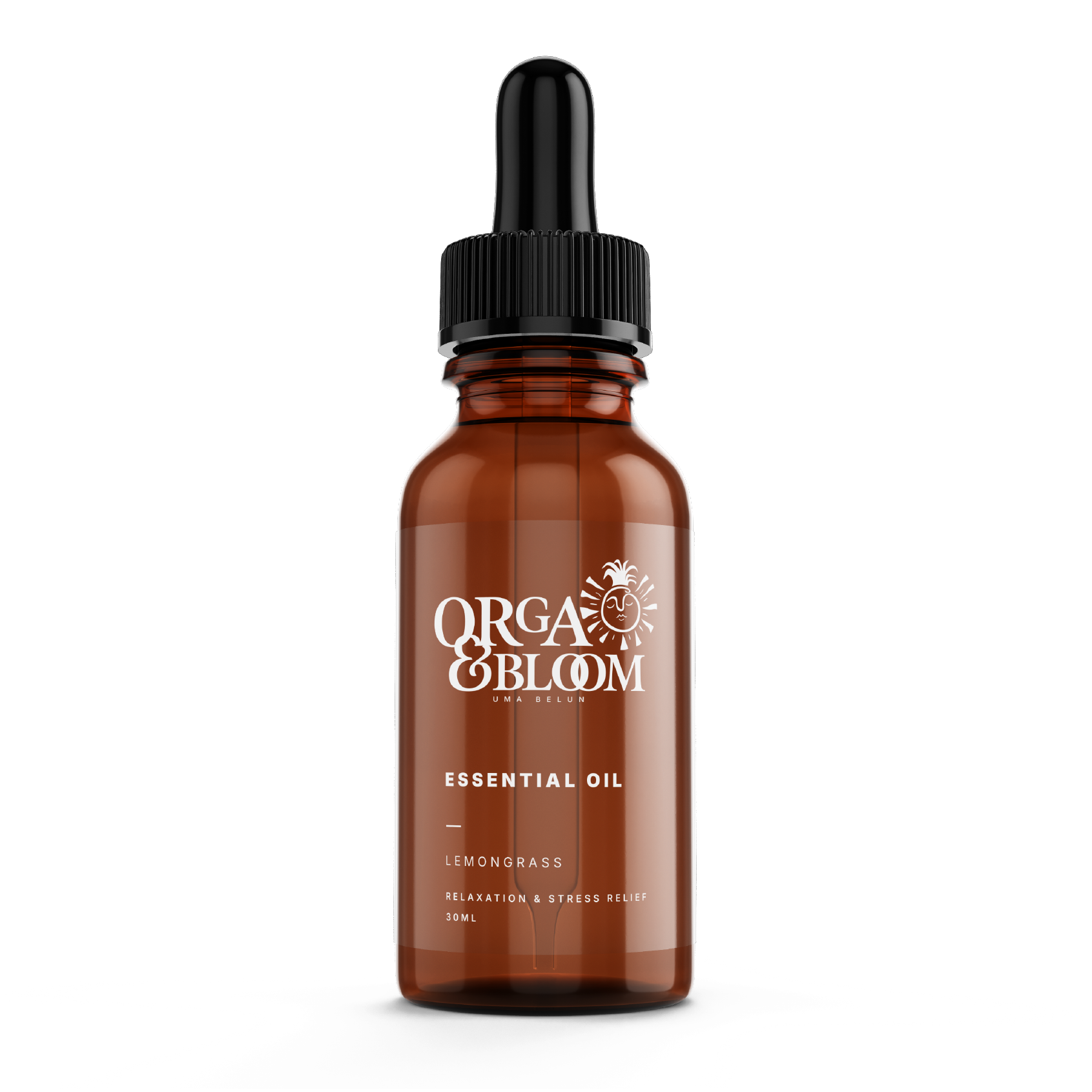 Brown glass bottle with a black dropper cap, labeled 'Organ & Bloom Essential Oil Lemongrass, Relaxation & Stress Relief, 30ml'.