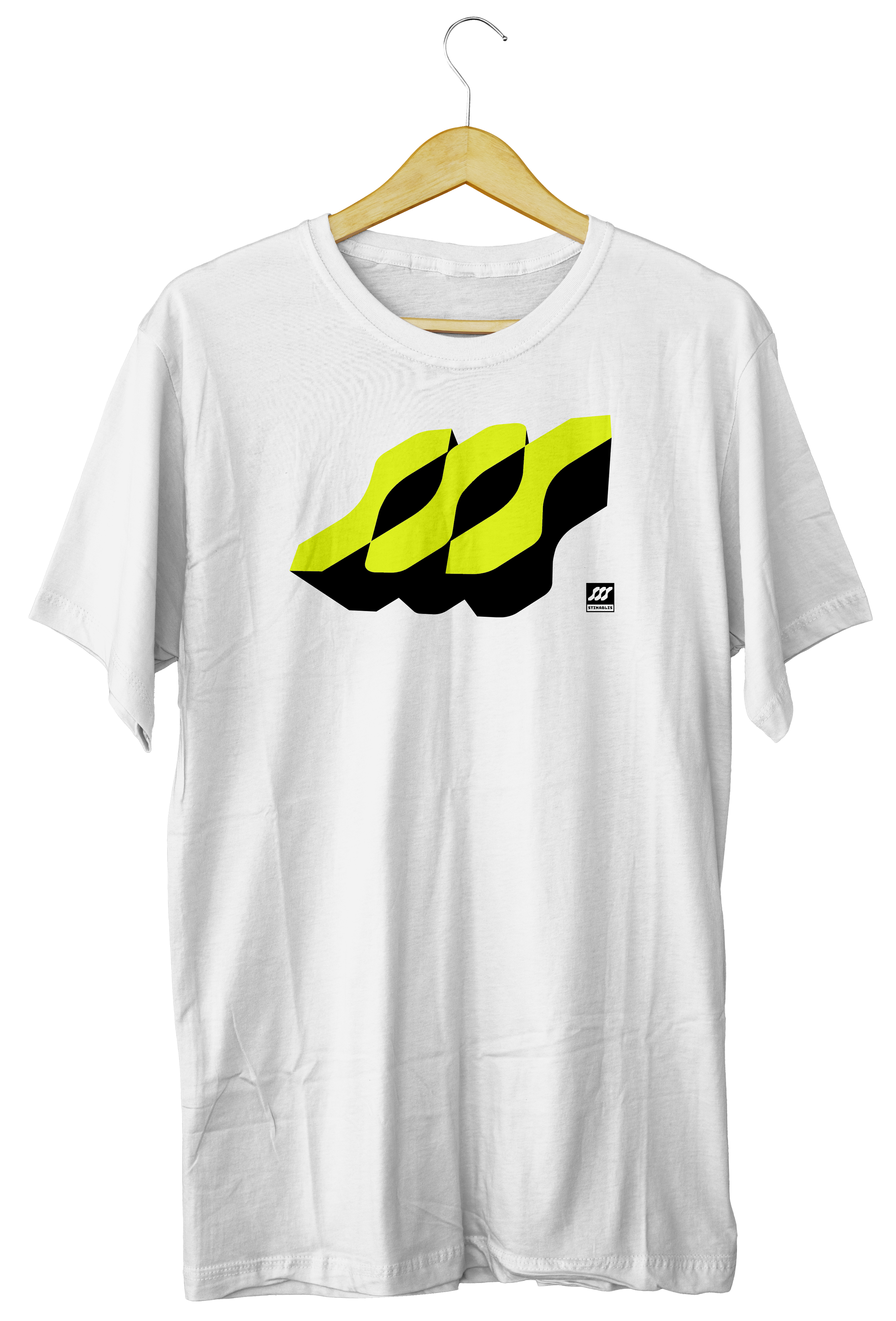 White T-shirt with a yellow and black checkered graphic design hanging on a wooden hanger.