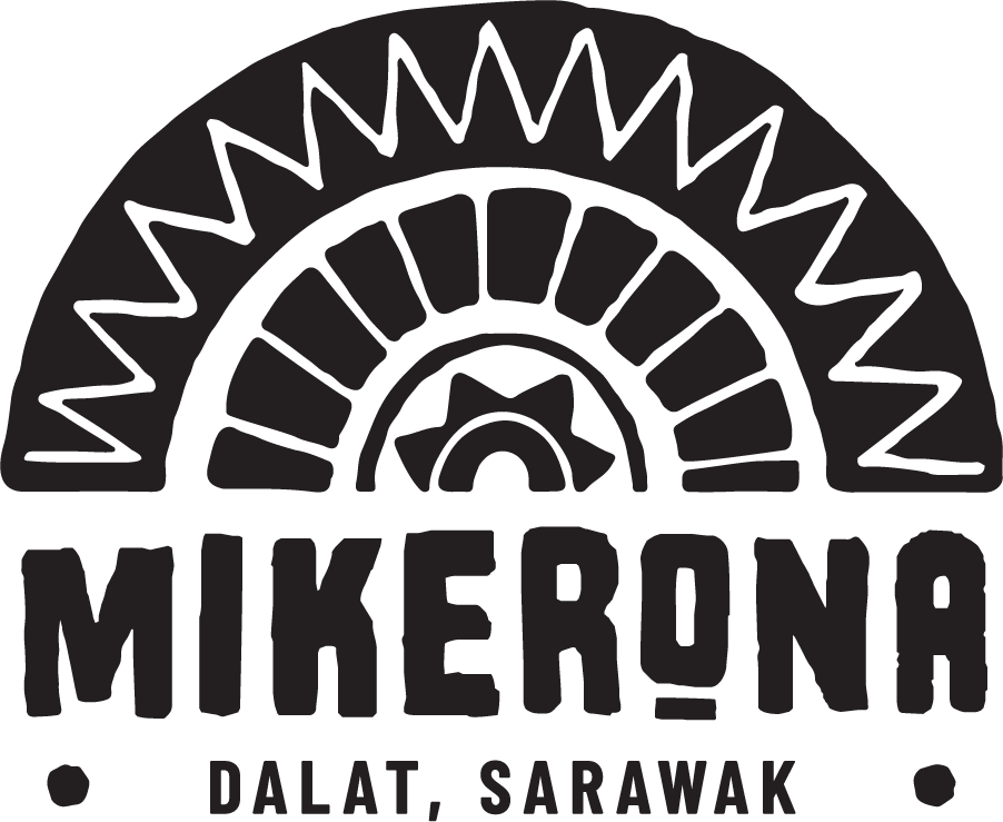 A black and white logo featuring a stylized sunhat design above the text 'MIKERONA' and 'DALAT, SARAWAK'.