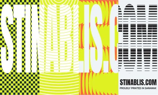 Graphic design with stylized text and patterns, including 'STI' and 'IS' in various black, white, yellow, and red colors, with the website 'STINABLIS.COM' at the bottom.