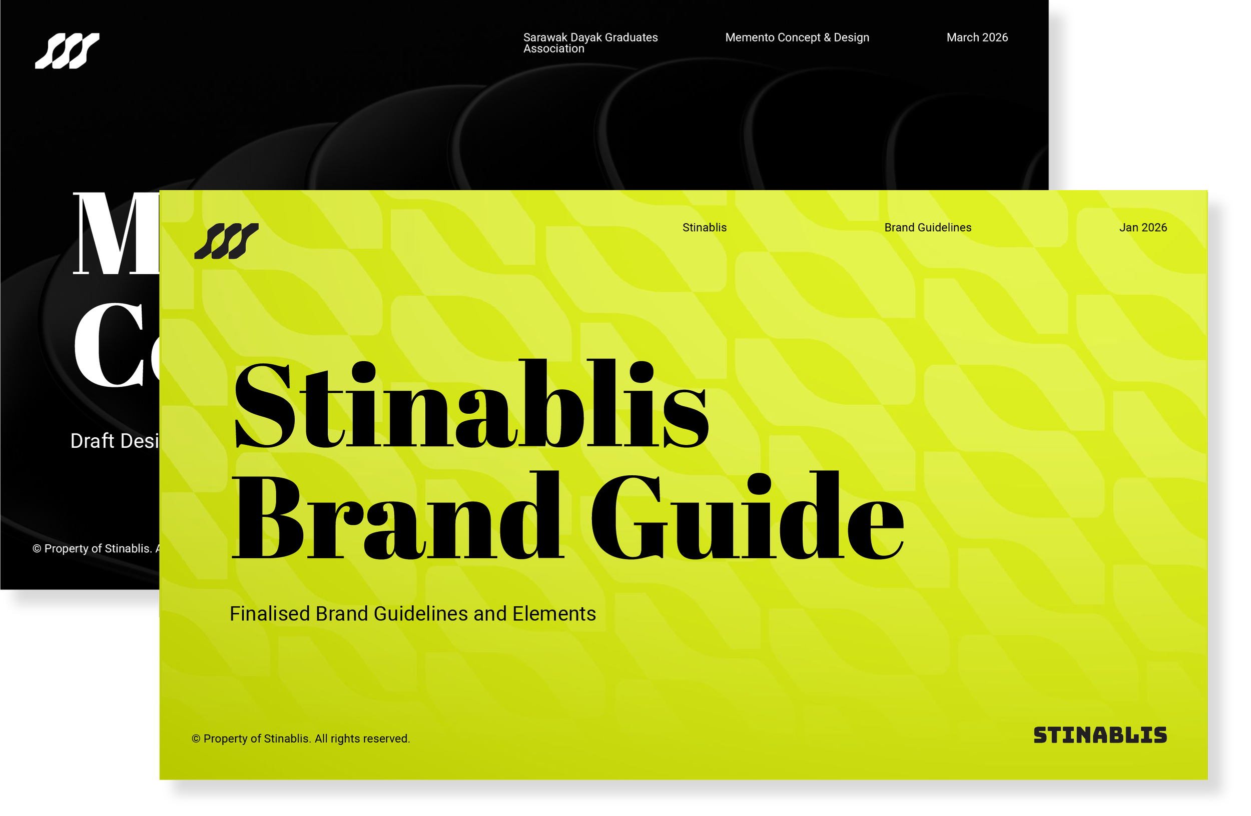 Cover page of the Stinablis Brand Guide with yellow background, black bold text, and a patterned design. It includes the title 'Stinablis Brand Guide', subtitle 'Finalised Brand Guidelines and Elements', and the logo in the bottom right corner. Additional header information includes 'Sarawak Dayak Graduates Association', 'Memento Concept & Design', and the date 'Jan 2026'.