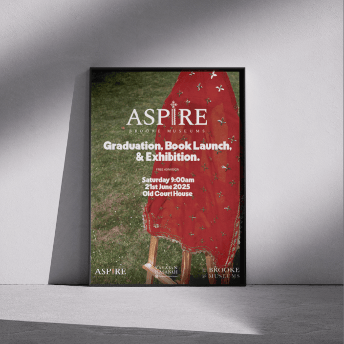 Poster for the ASPIRE Brooks Museums event featuring a person in a red dress with floral embroidery, announcing a graduation, book launch, and exhibition on June 21, 2025, at Old Court House, with free admission.