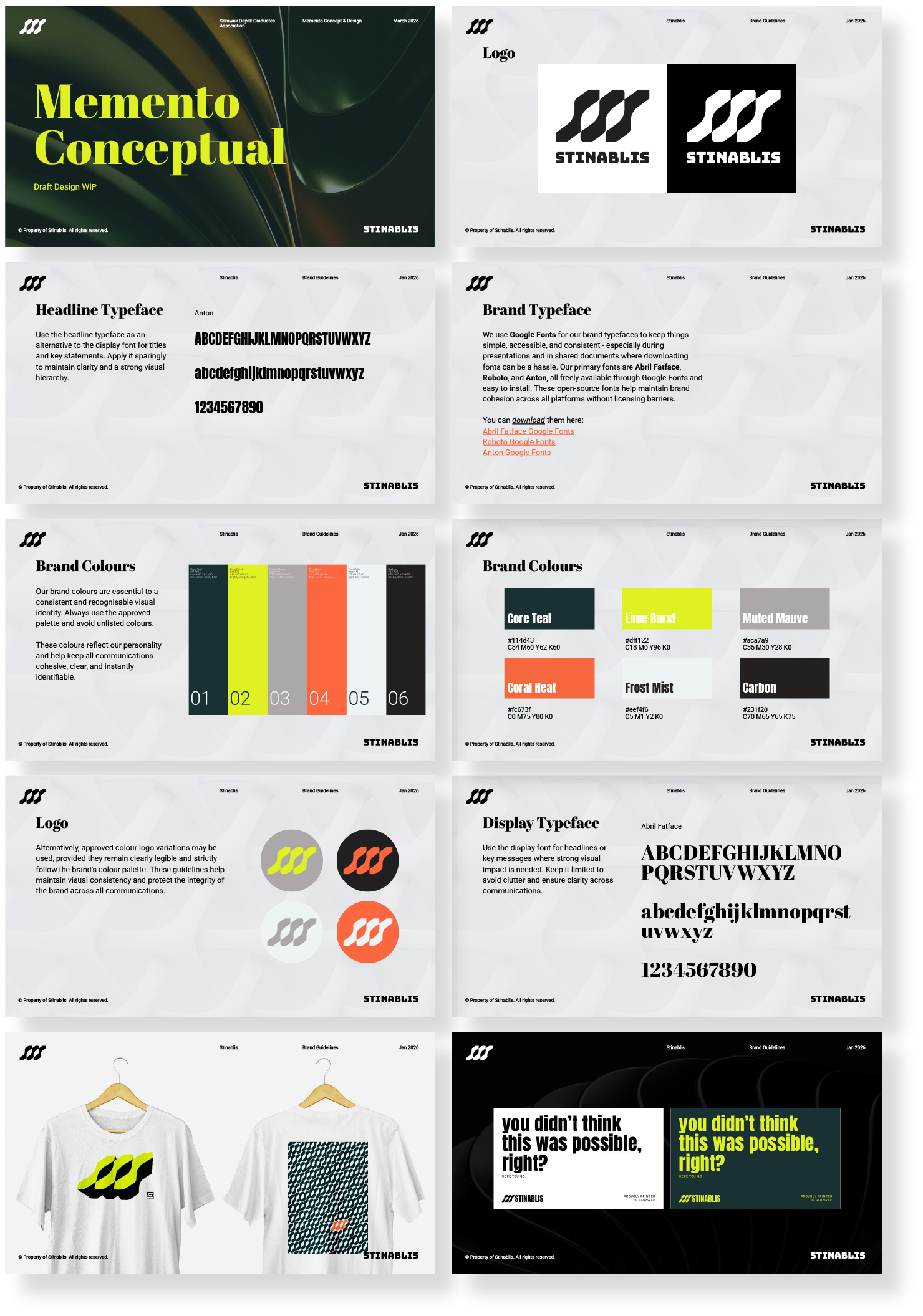 A multi-page design presentation showcasing branding guidelines for a company named 'Stinabilis.' The pages include the company's logo variations, brand color palettes, typography guidelines, logo options, and examples of merchandise like T-shirts with logos, as well as marketing slogans with contrasting backgrounds.