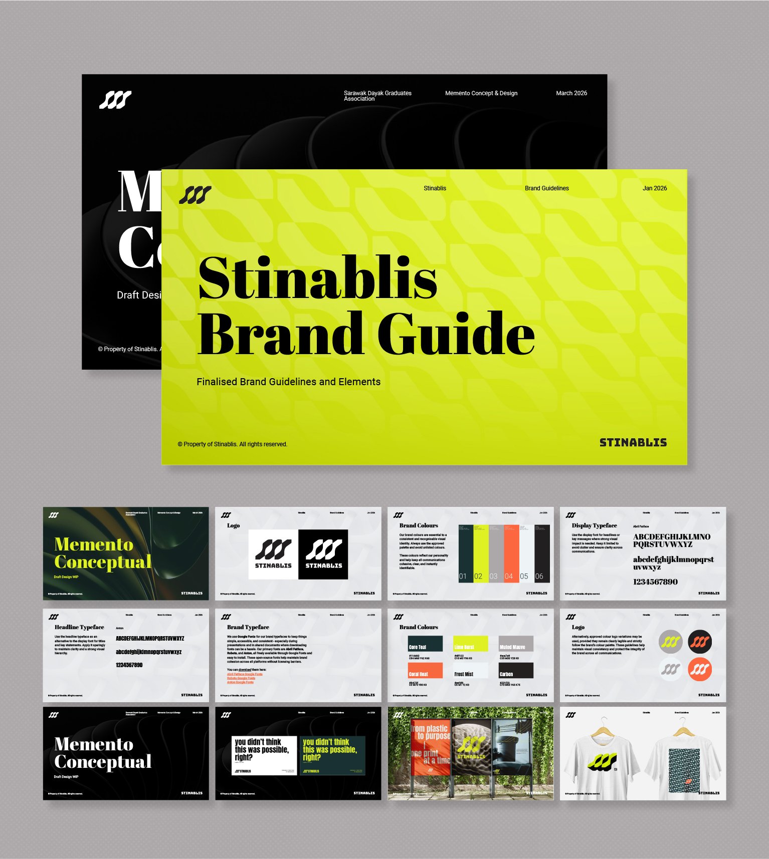 A collection of branding guidelines and design material for Stinablis, featuring a bright yellow cover titled 'Stinablis Brand Guide' with black bold text, and various presentation slides showing logo, color schemes, typography, and branding applications.