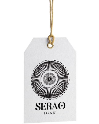 A white tag with a circular, radial line pattern and the word 'SERAQ' in bold letters, hanging from a string.