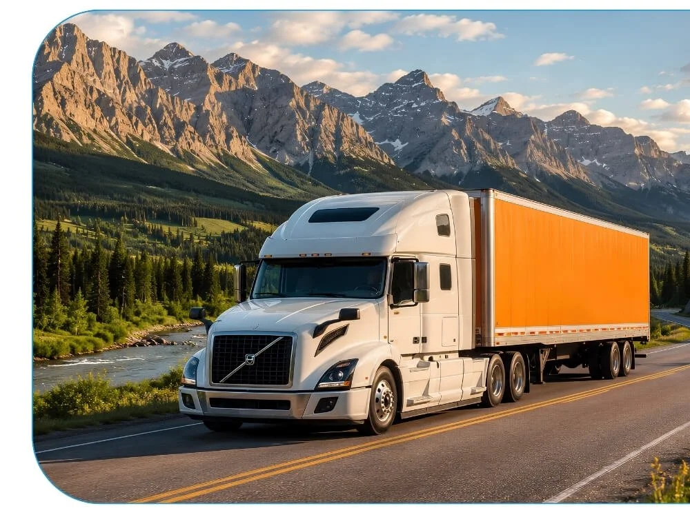 Image of MKON's Truck and Trailer driving through the rockies, west of Calgary and Edmonton