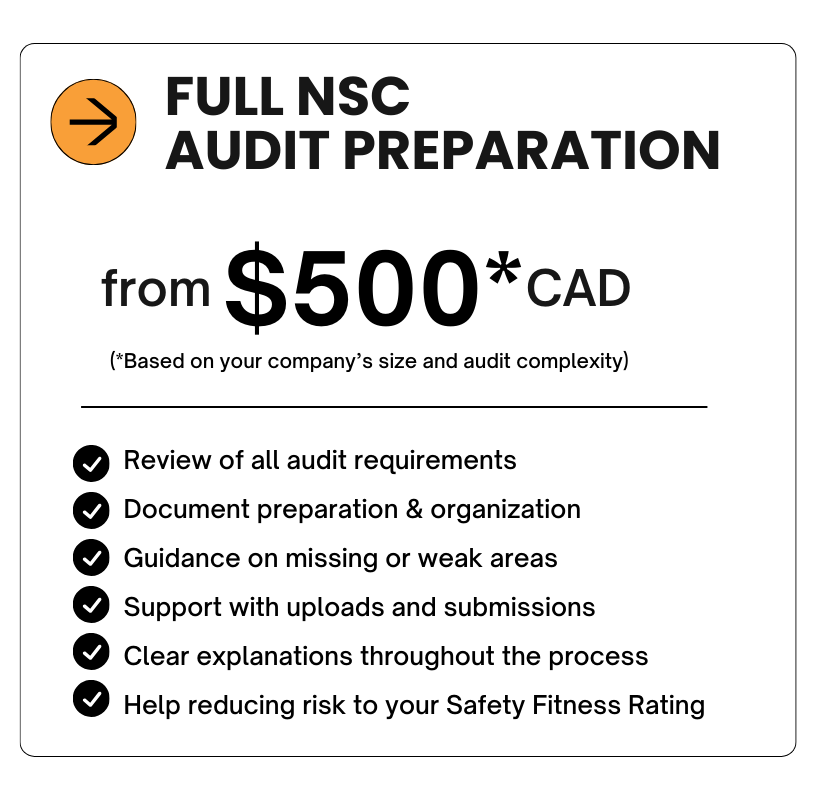 MKON pricing of $500 for a 'Full NSC Audit Preparation' with a logo featuring an arrow inside an orange circle, and text indicating preparation from CAD.