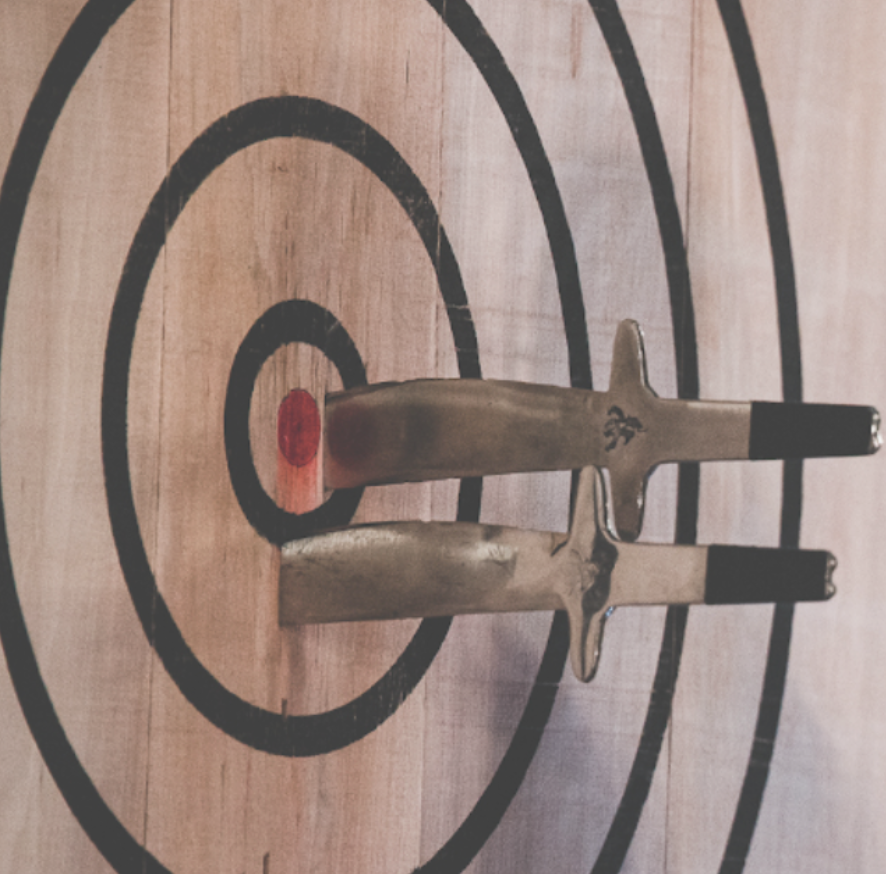 Two short swords with black handles placed on a wooden archery target.