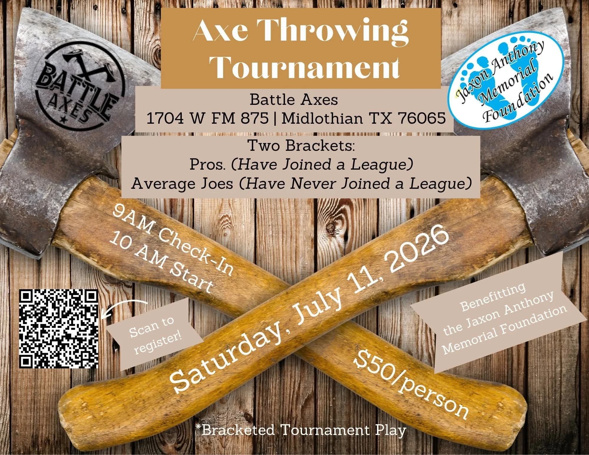 4th Annual Charity Axe Throwing Tournament benefiting the Jaxon Anthony Memorial Foundation in Waxahachie, Texas. Charity fundraiser supporting families affected by infant loss, miscarriage, and stillbirth.
