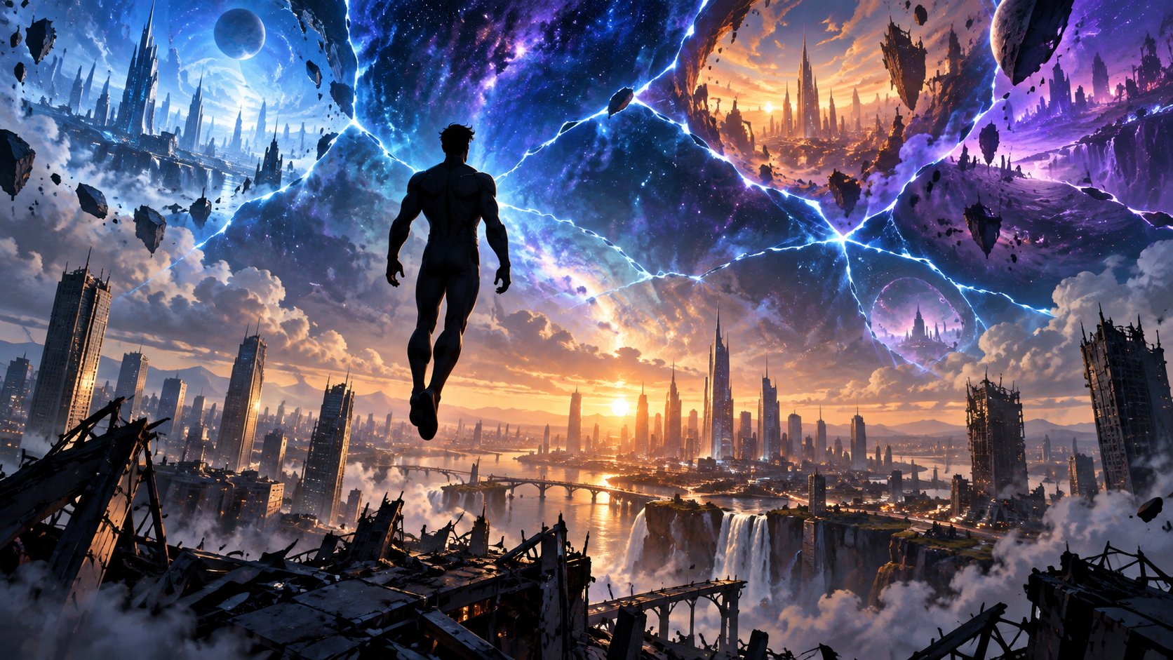 Original cosmic illustration of a hero silhouette facing fractured future city skylines for Wolfen Media’s You Were My Hero review.