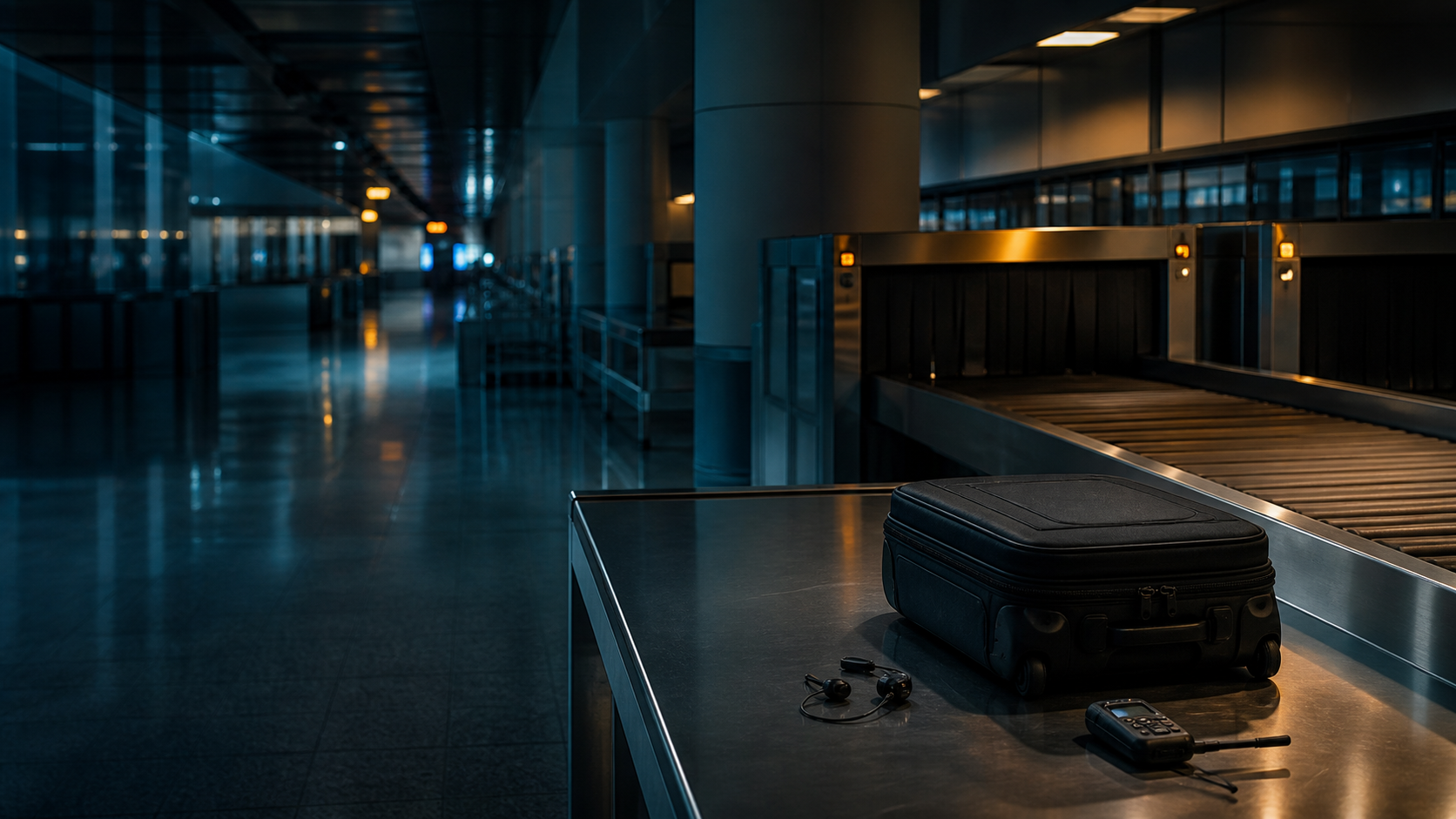Original cinematic airport security artwork with a carry-on bag and tense traveler silhouette for Wolfen Media’s Carry-On review.