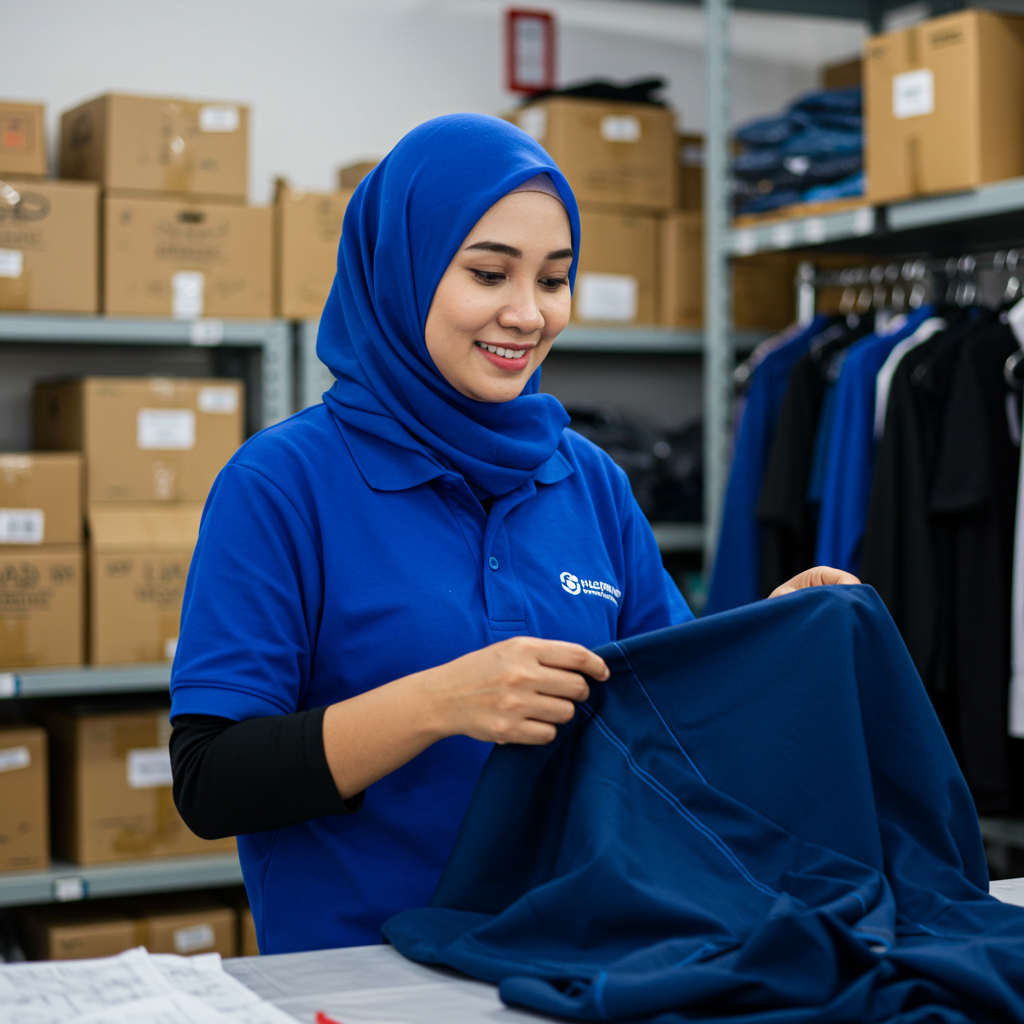 Woman in blue hijab and polo shirt folding a cloth in a warehouse with boxes and hanging clothes in the background.