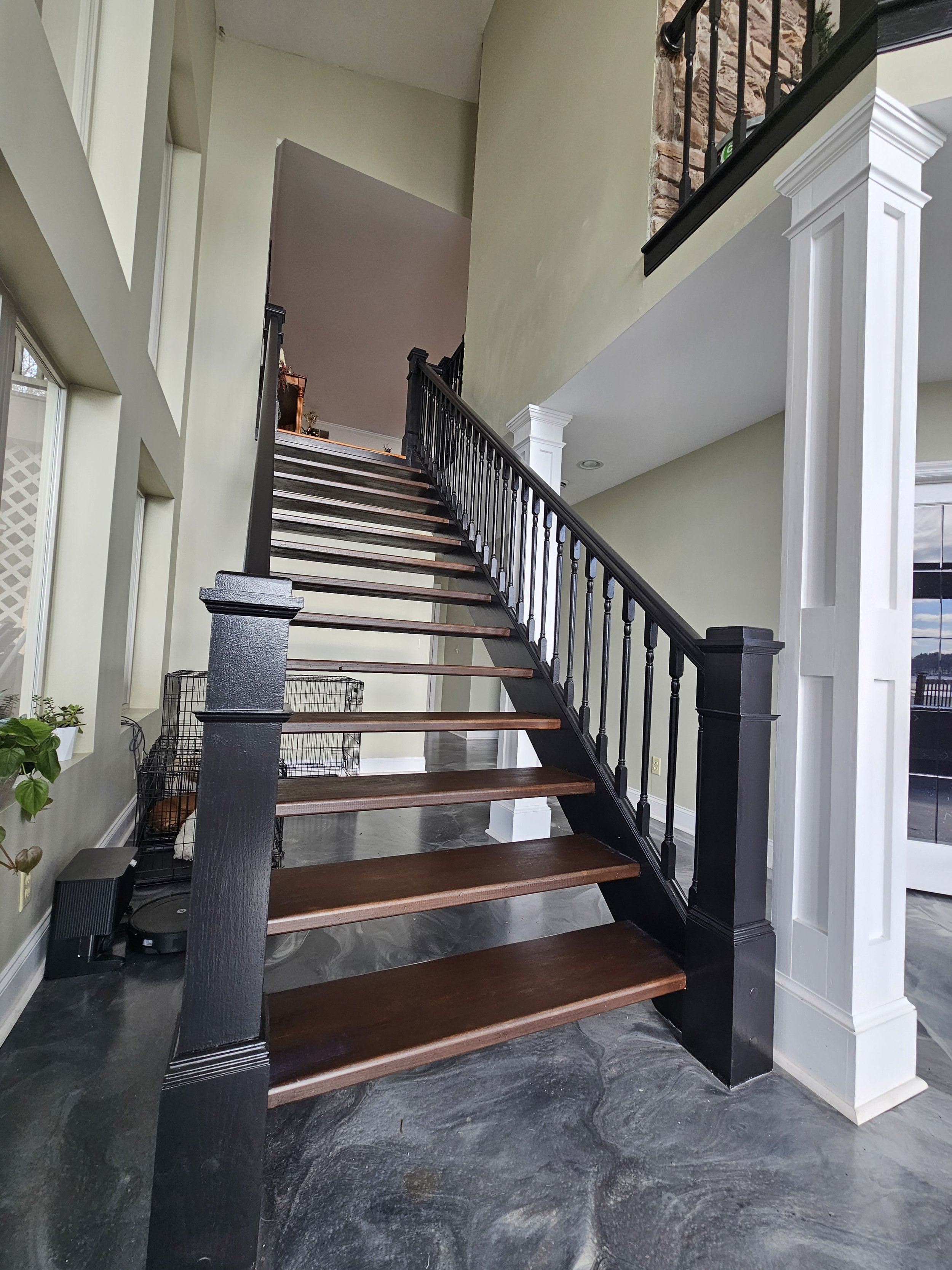 Interior view of a staircase with dark wooden steps, black and white railing, and light-colored walls. There are large windows on the left, a plant, and a pet crate on the floor near the bottom of the stairs.