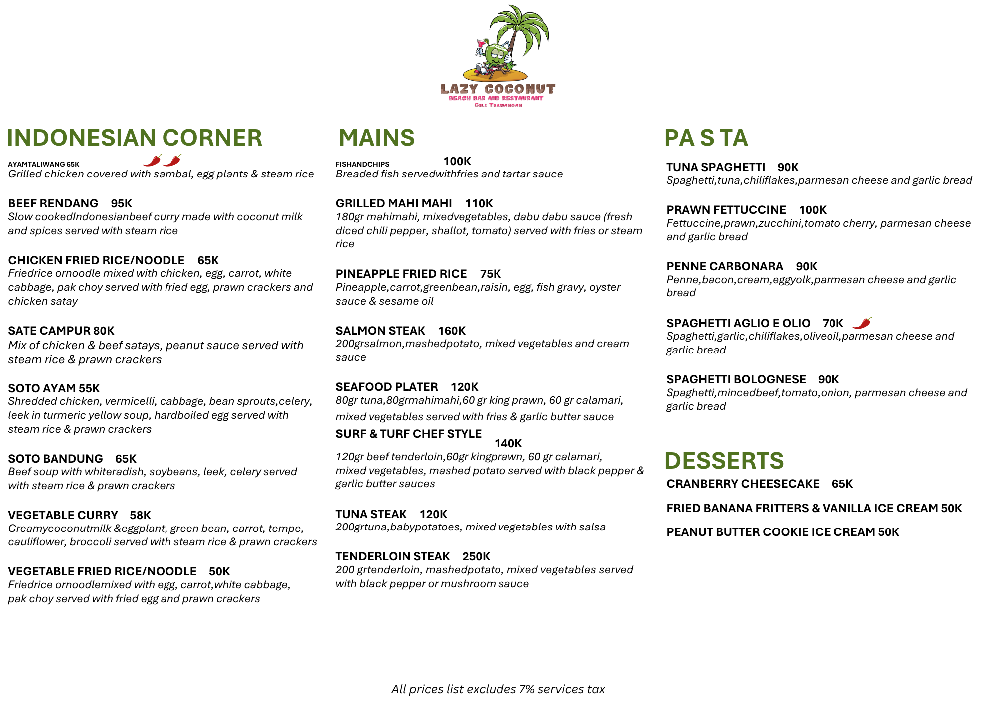 Lazy Coconut Gili Trawangan food menu page 2 with Indonesian dishes like beef rendang and sate campur, grilled mahi mahi and steak mains, pasta dishes and desserts
