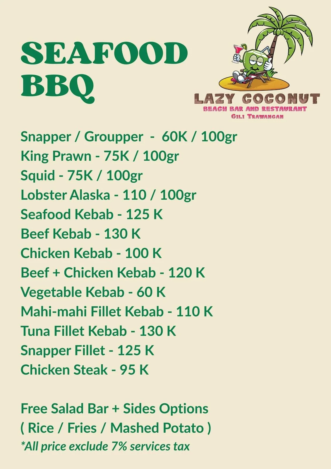 Lazy Coconut Seafood BBQ Menu Gili Trawangan Beach Bar and Restaurant