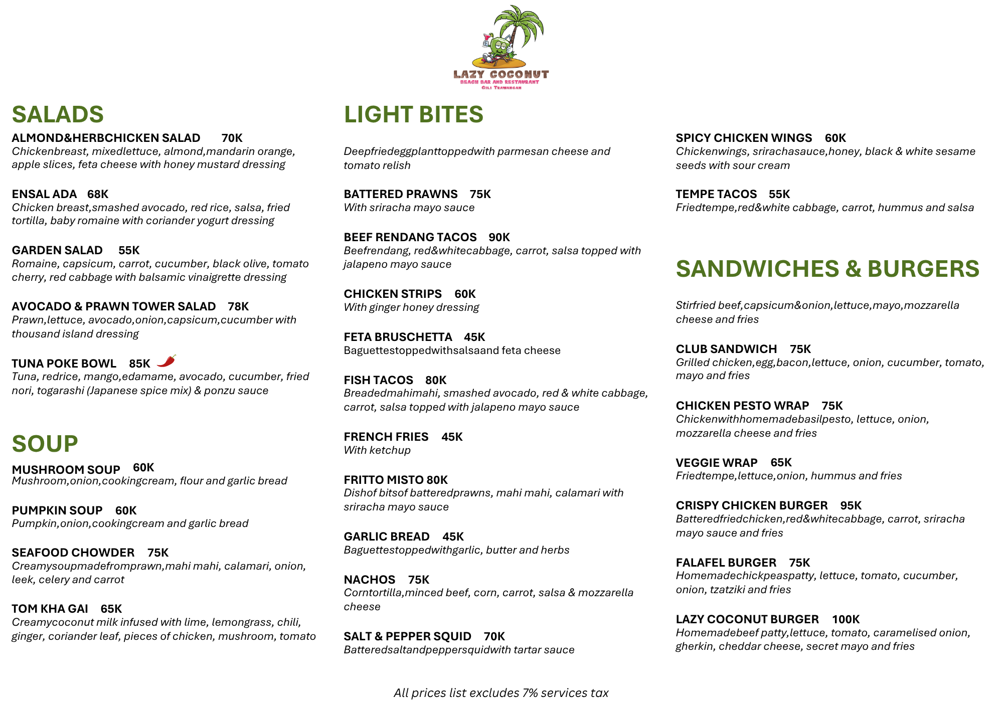 Lazy Coconut Gili Trawangan food menu page 1 featuring fresh salads, soups, light bites like fish tacos and nachos, plus sandwiches and burgers including the signature Lazy Coconut Burger