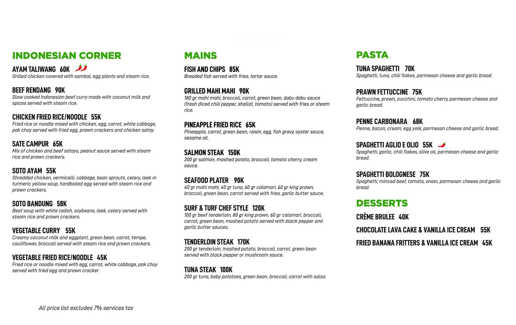 Menu featuring Indonesian Corner, Mains, Pasta, and Desserts sections with dish descriptions and prices