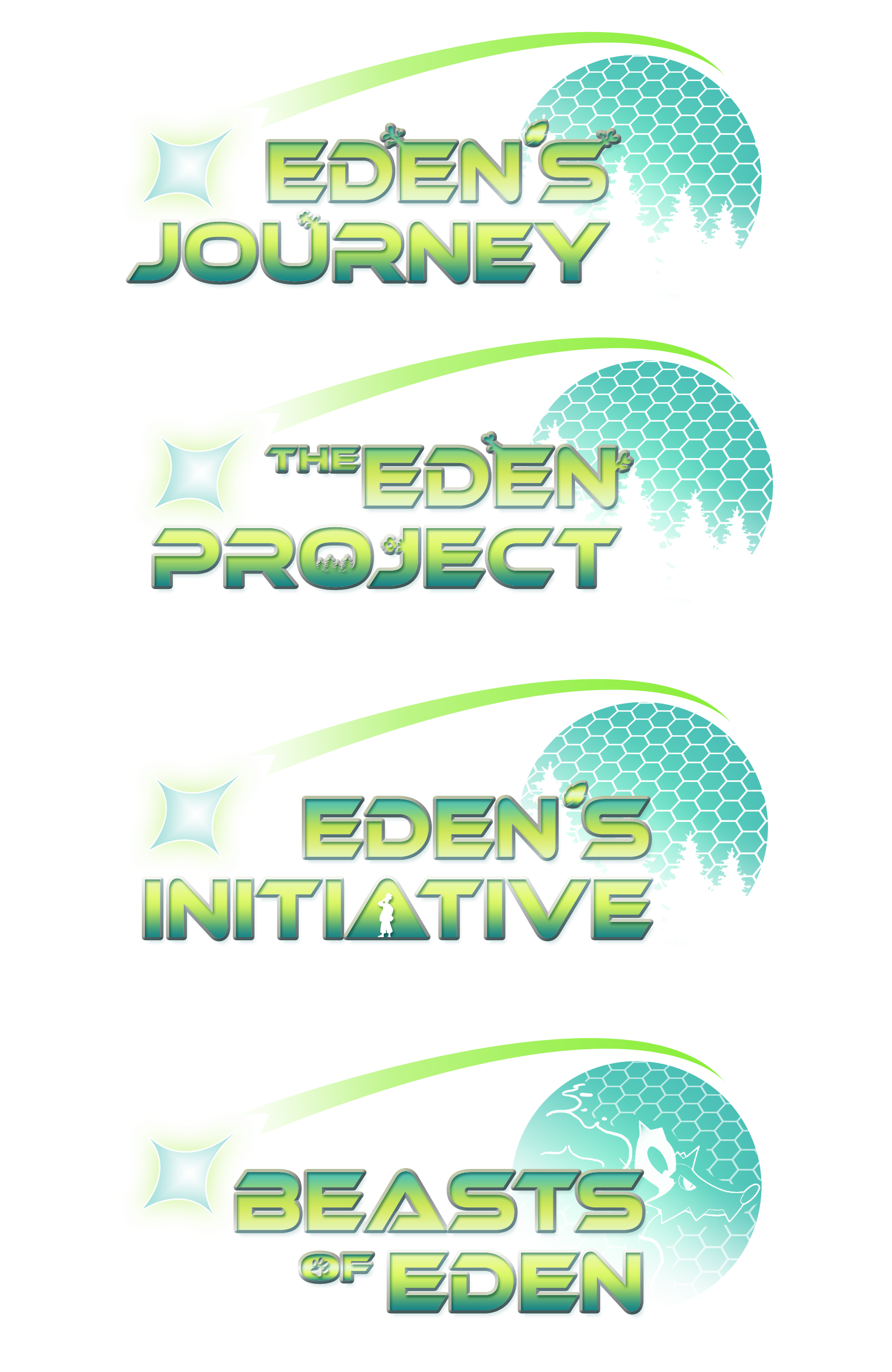 A series of logo designs for an indie with a working title. The game itself is a Pokemon-style game with a nature-punk aesthetic and message