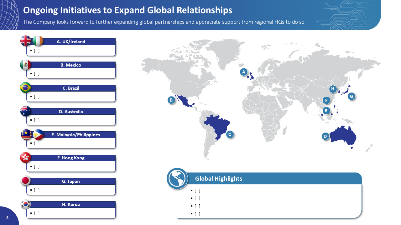 Presentation sample for a company discussing its global outreach and primary markets therein