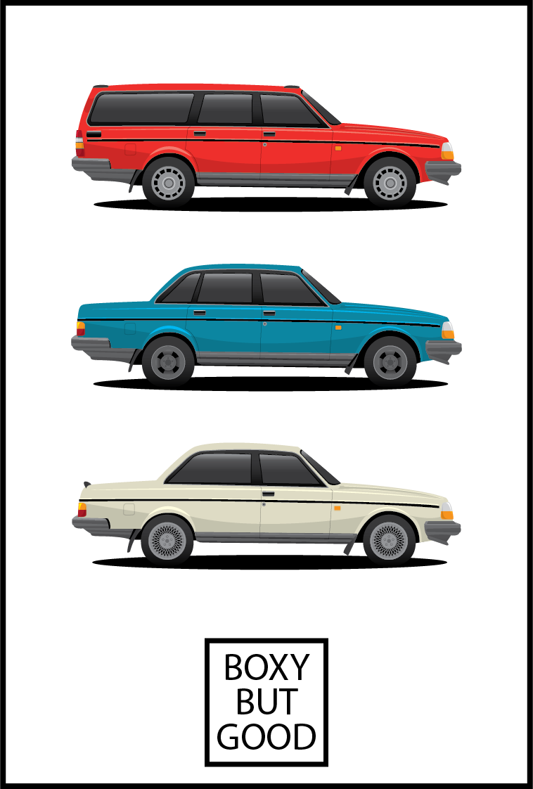 Part of a series of automotive posters, this one of Volvo's iconic 200-series models.
