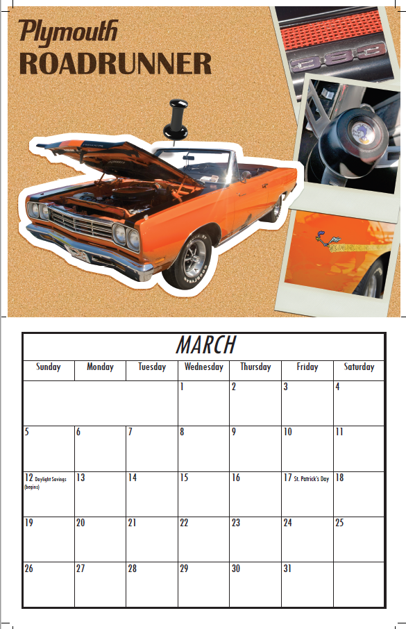 Page taken from an automotive calendar. When I'm doing freelance automotive work, I often make calendars like these at the end of a given year/season