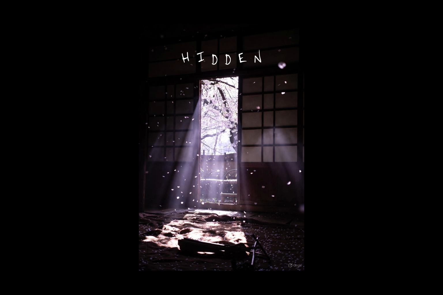 Handwritten song title ‘Hidden’ on photograph of Japanese style home for original track by November V. Visible text: ‘Hidden’. Indie folk song exploring self-actualization, courage, mystery, and the quiet battles of the human condition. Nylon-string 
